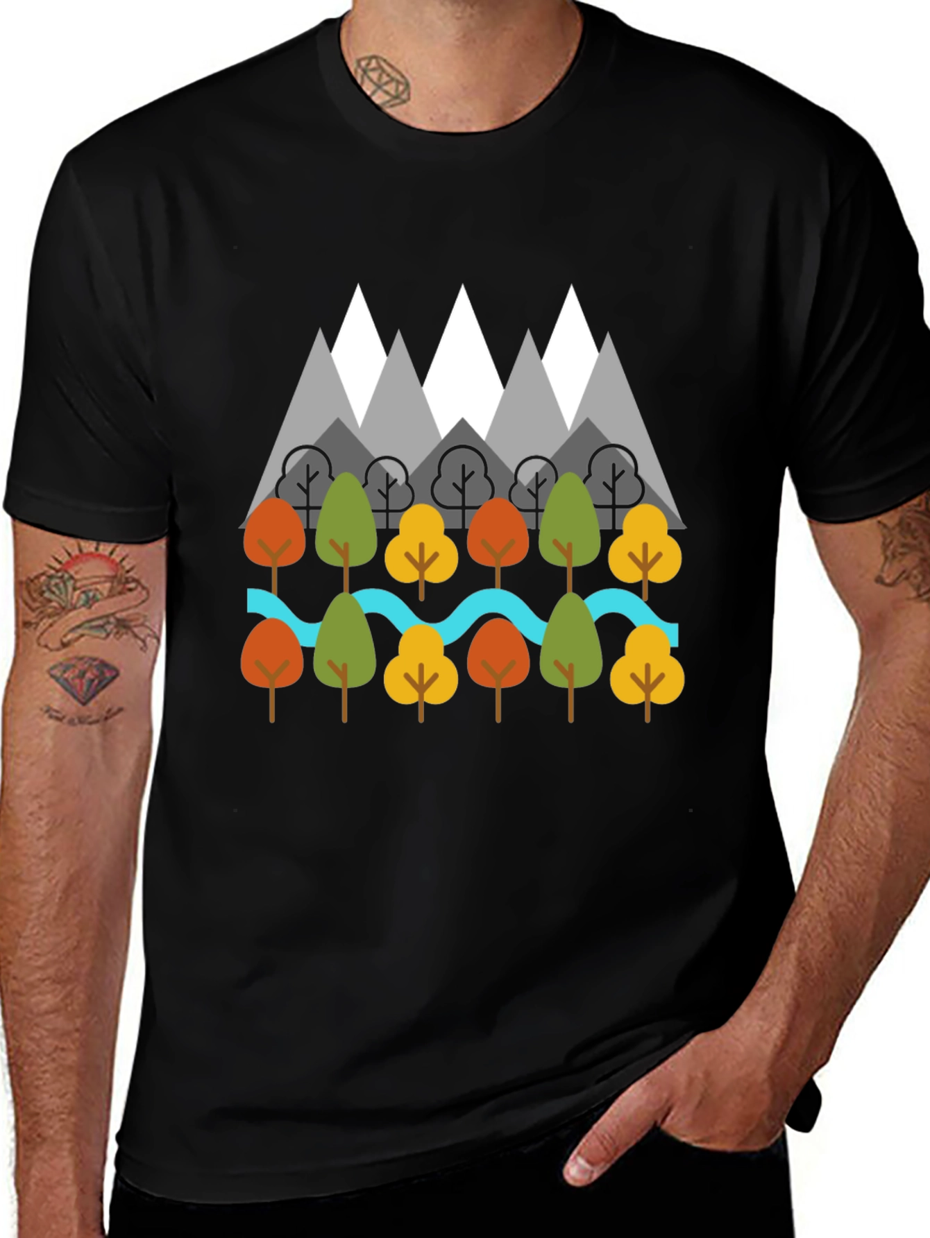 Variant 28 of Nature Graphic T-Shirt - Mountains, Trees, River Design