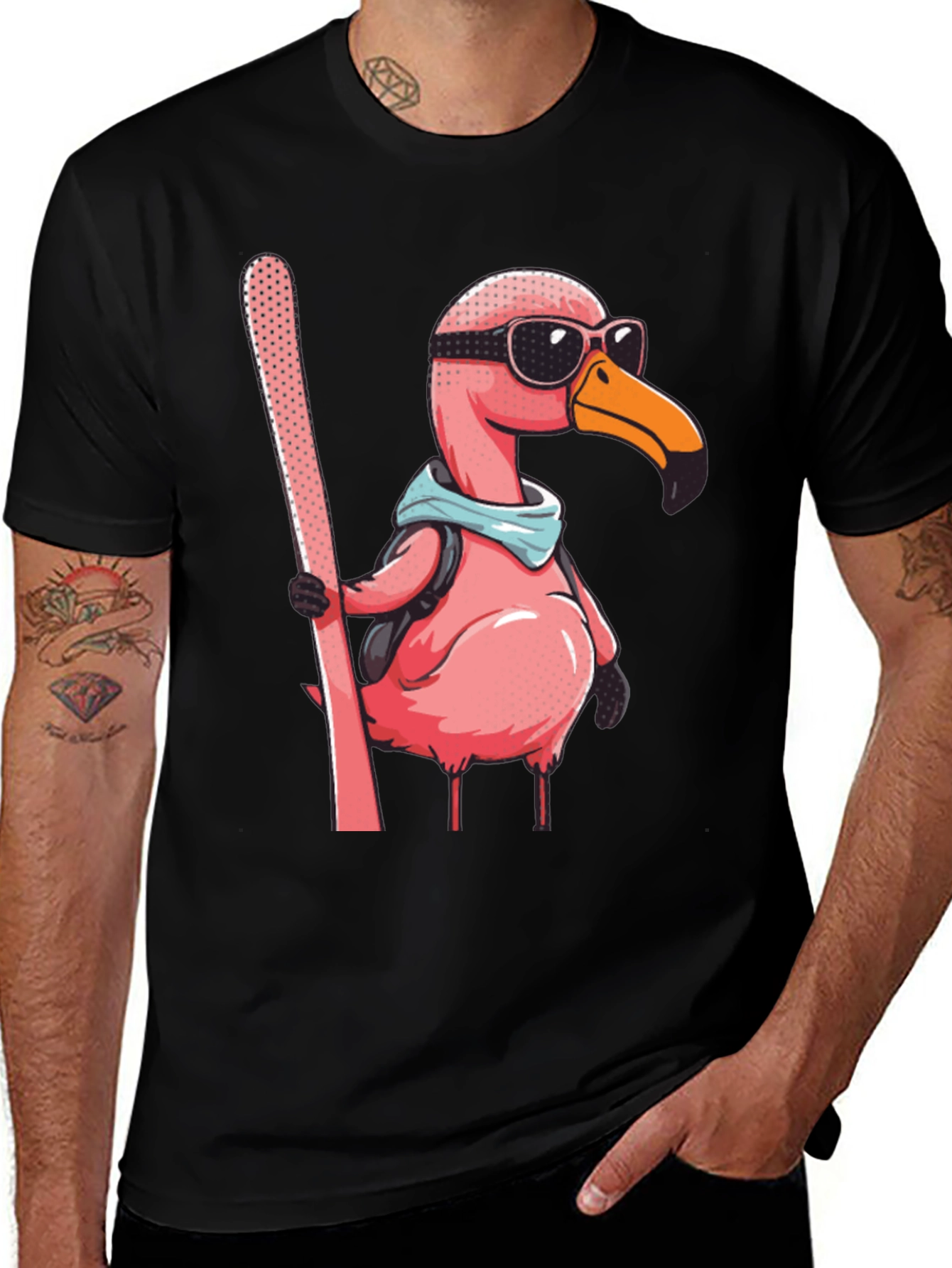 Variant 9 of Skiing Flamingo Graphic Tee - Black Cotton Shirt