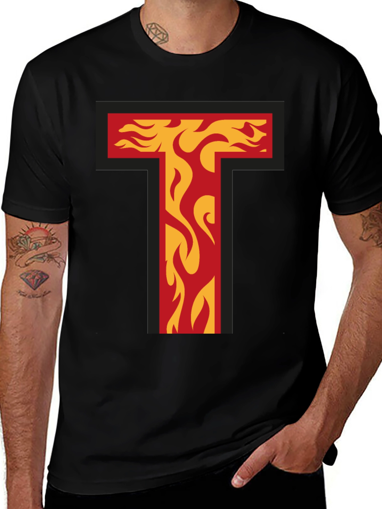 Variant 21 of Fiery Letter T Graphic Tee - Bold Black T-Shirt