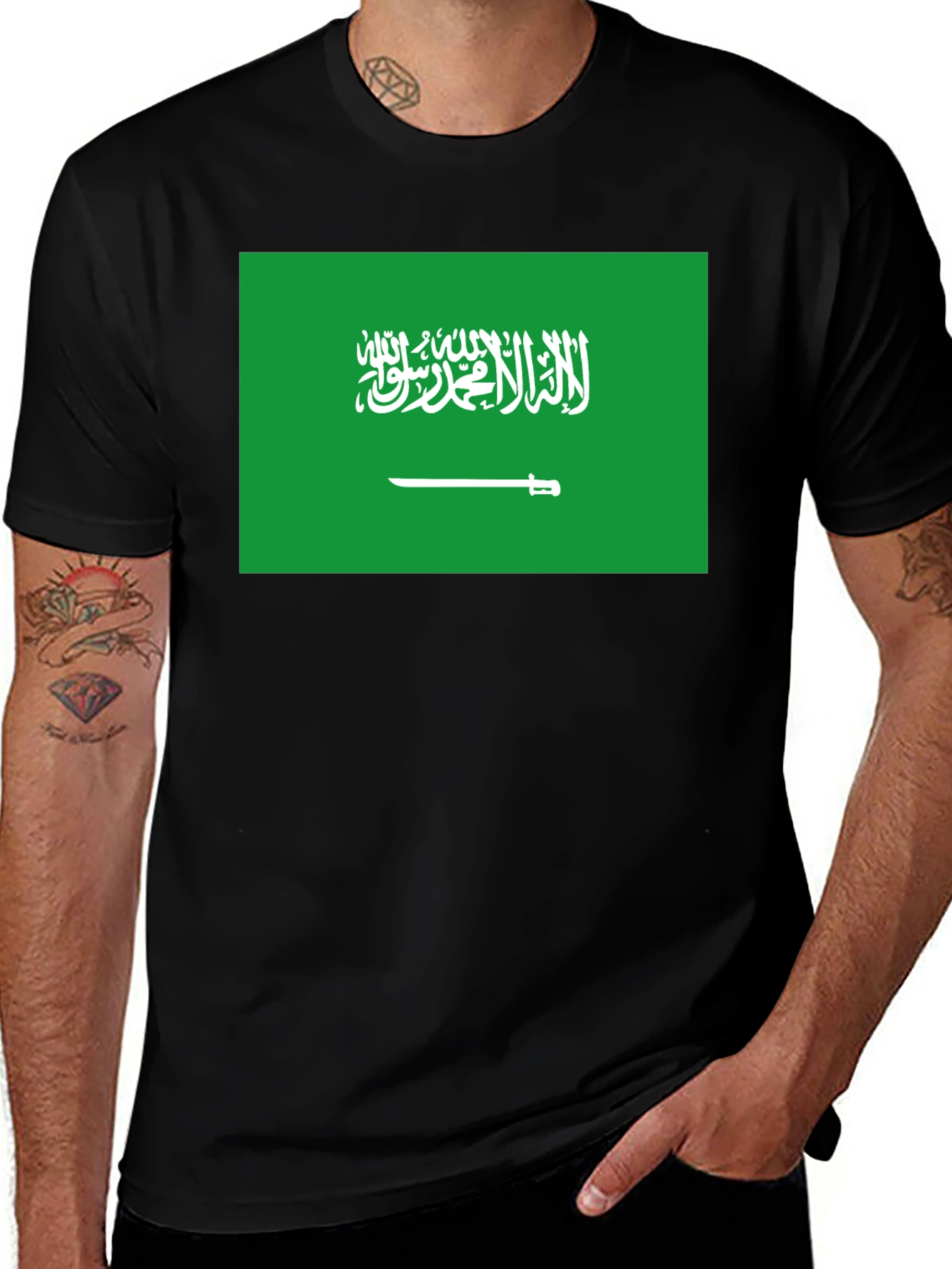 Variant 13 of Saudi Arabia Flag T-Shirt - Black Crew Neck Tee