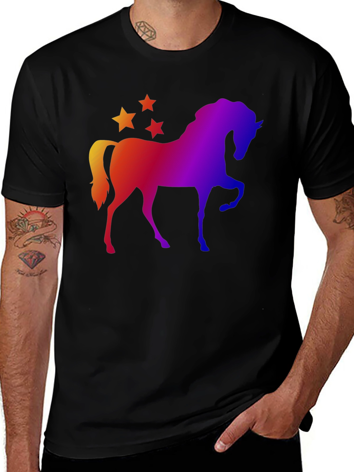 Black Rainbow Horse and Stars Graphic Tee main image