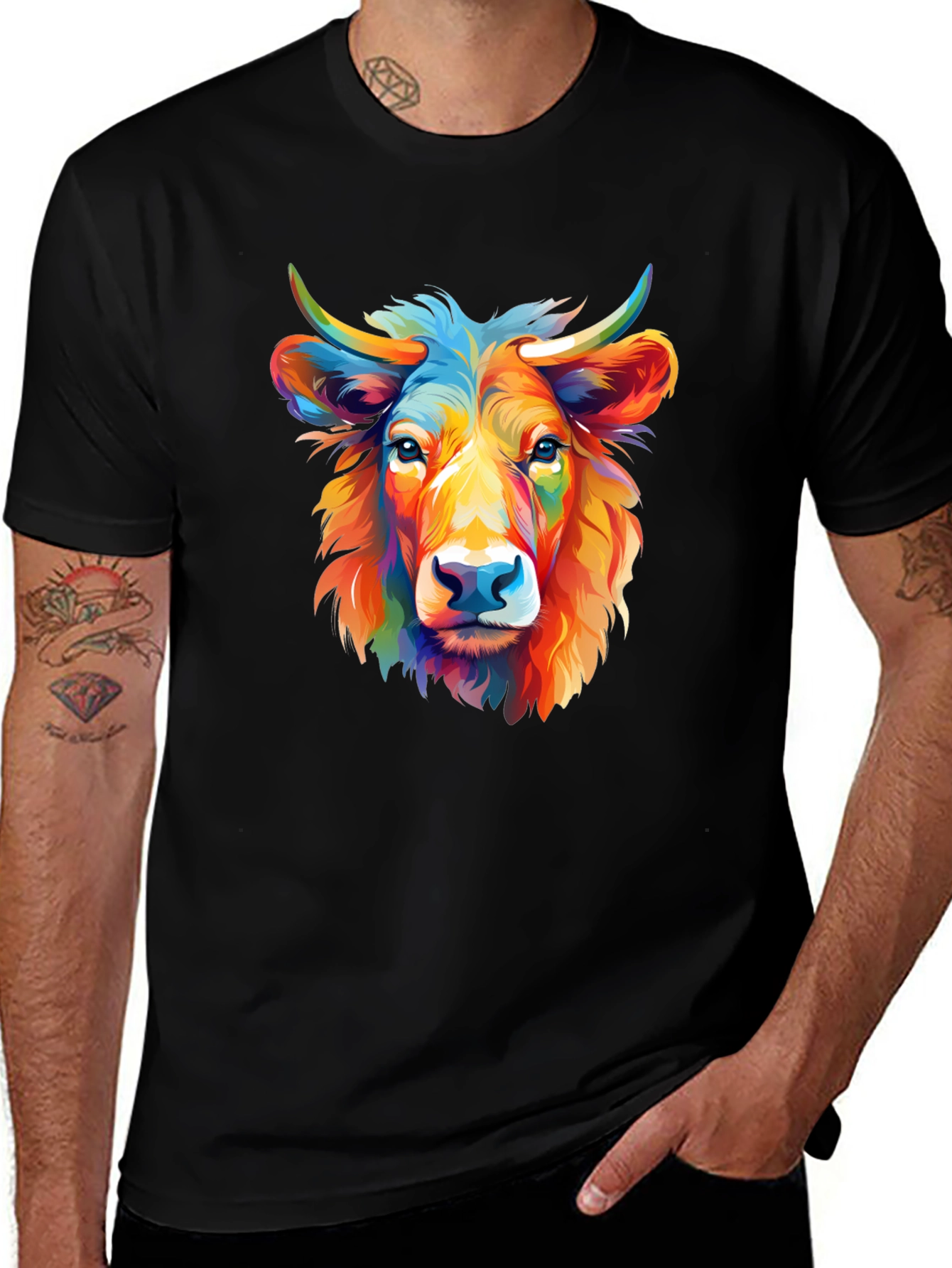 Variant 23 of Colorful Cow Graphic Print Black T-Shirt