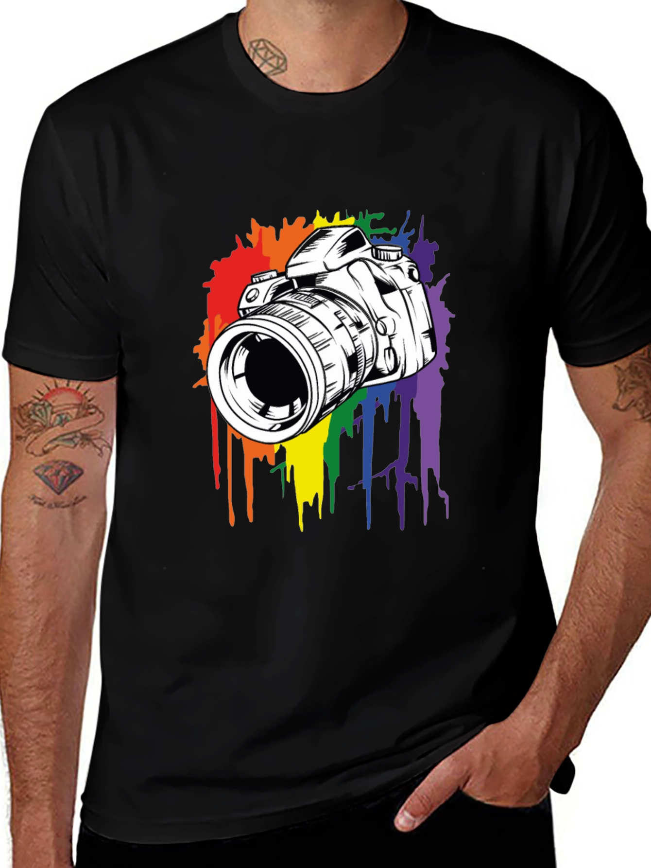 Variant 24 of Camera Rainbow Splash Graphic Tee - Black Cotton Shirt