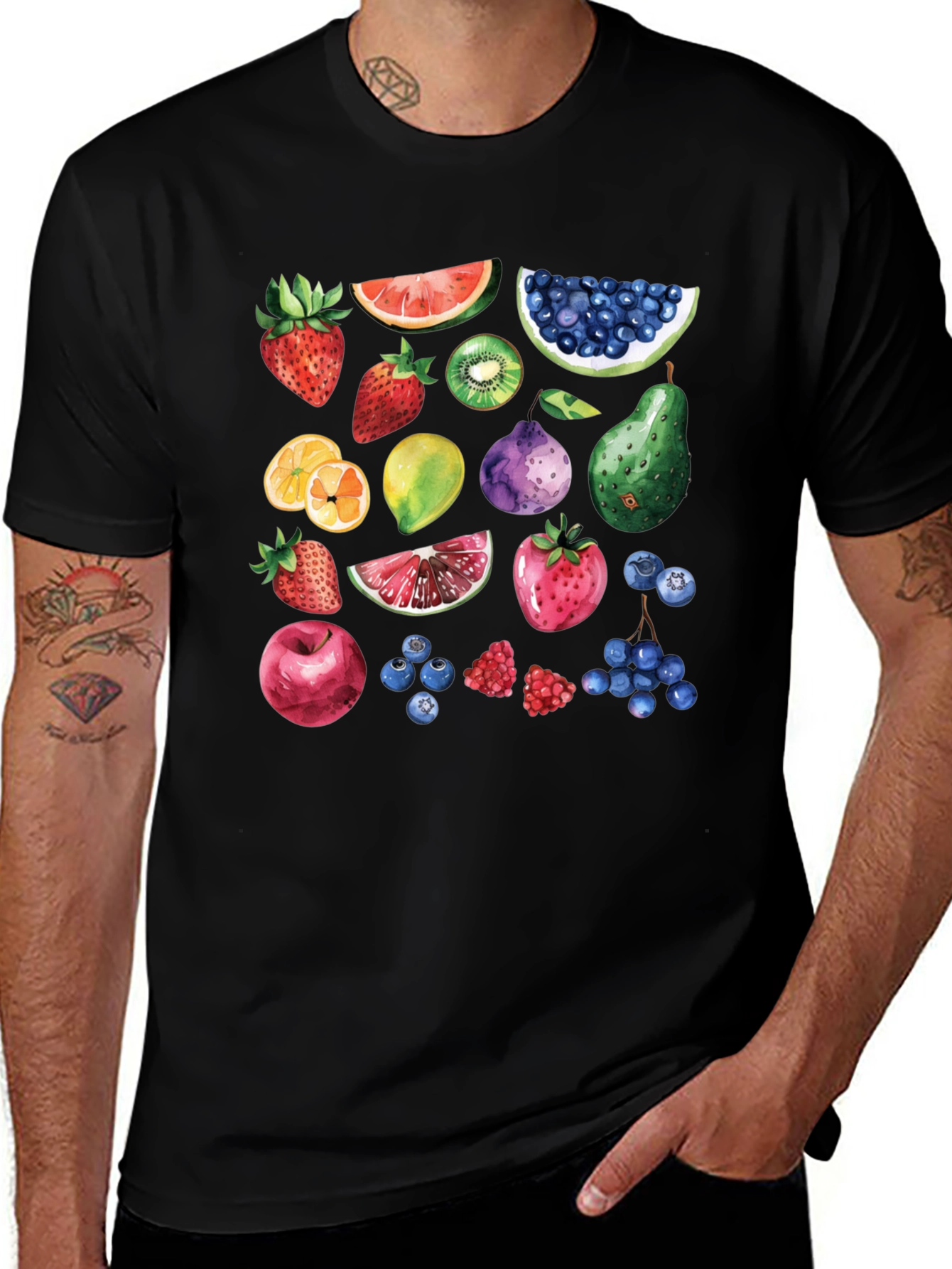 Variant 12 of Whimsical Fruit Print Black T-Shirt