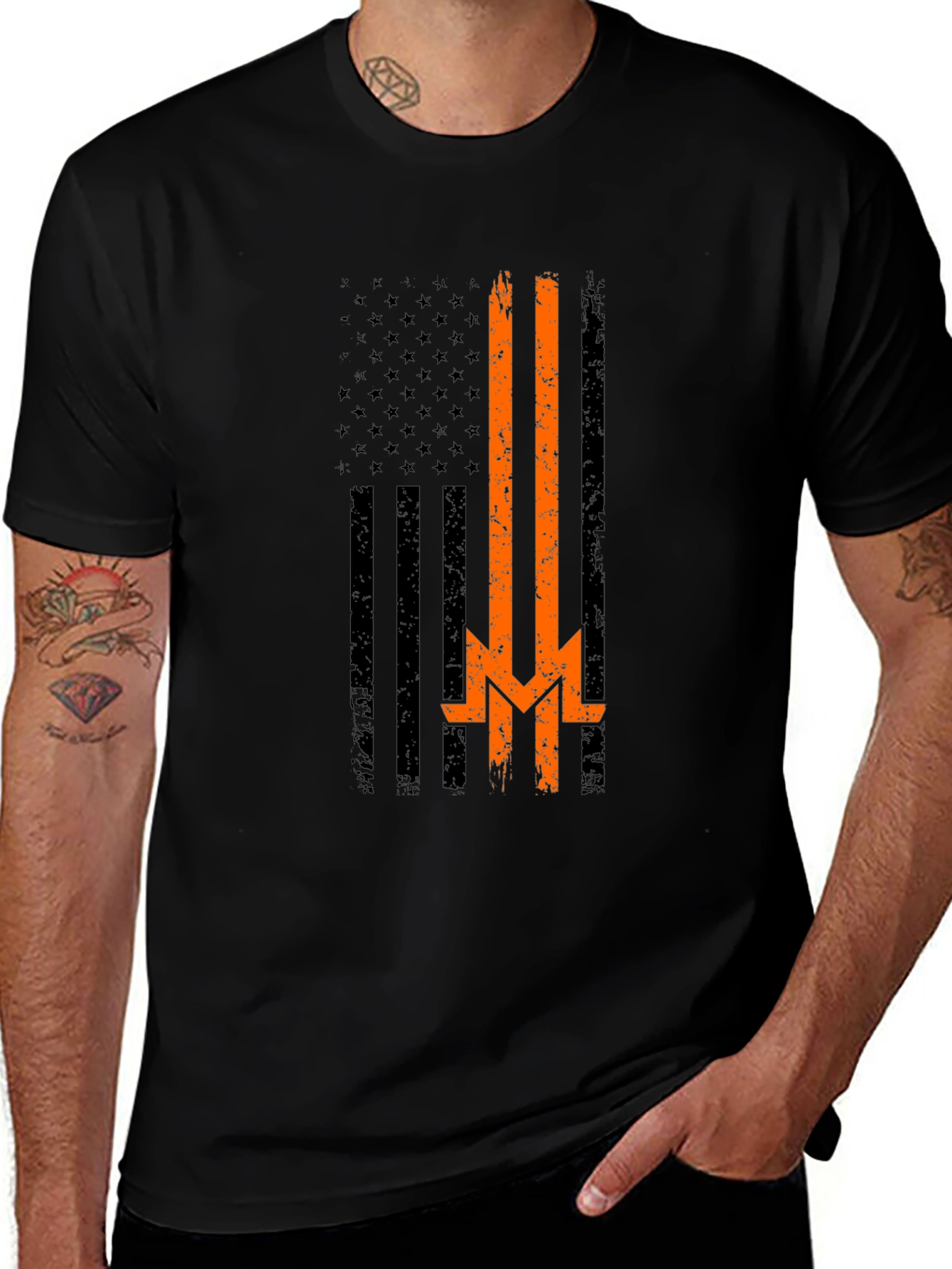 Distressed American Flag Thin Orange Line T-Shirt