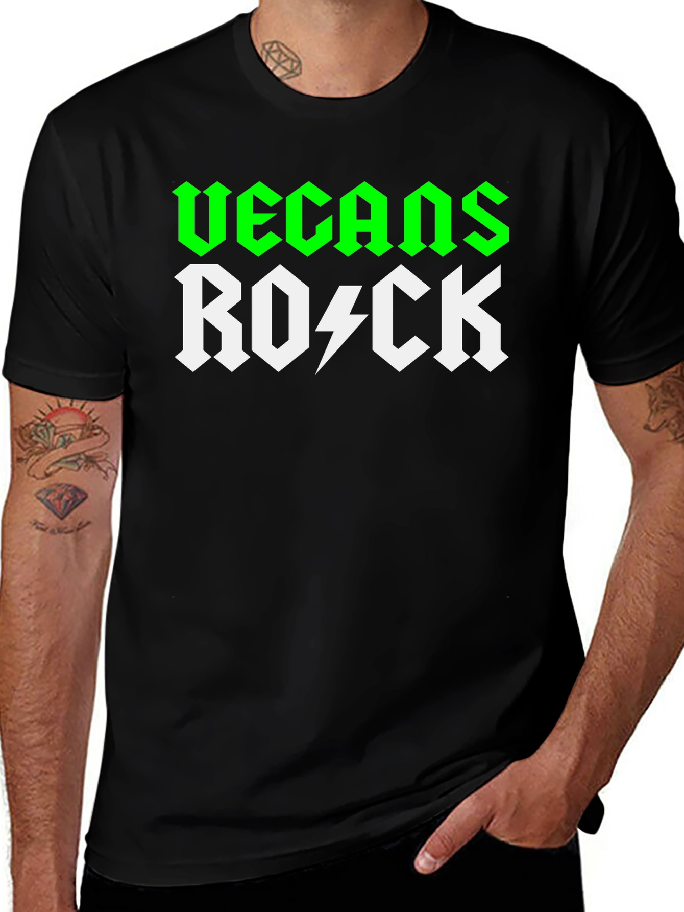 Black Vegans Rock T-Shirt - Green & White Graphic Tee main image