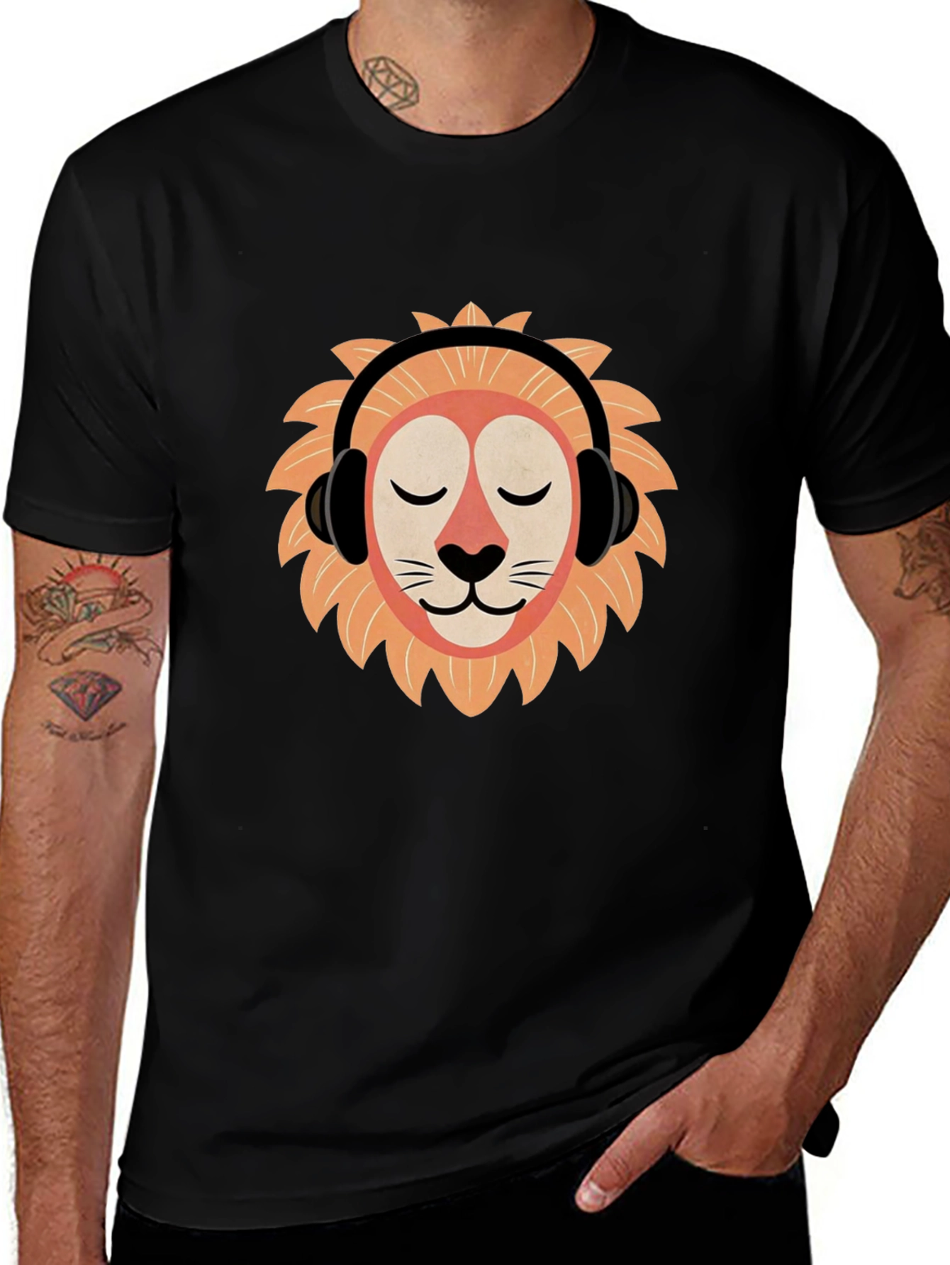Cool Lion Headphones Black T-Shirt