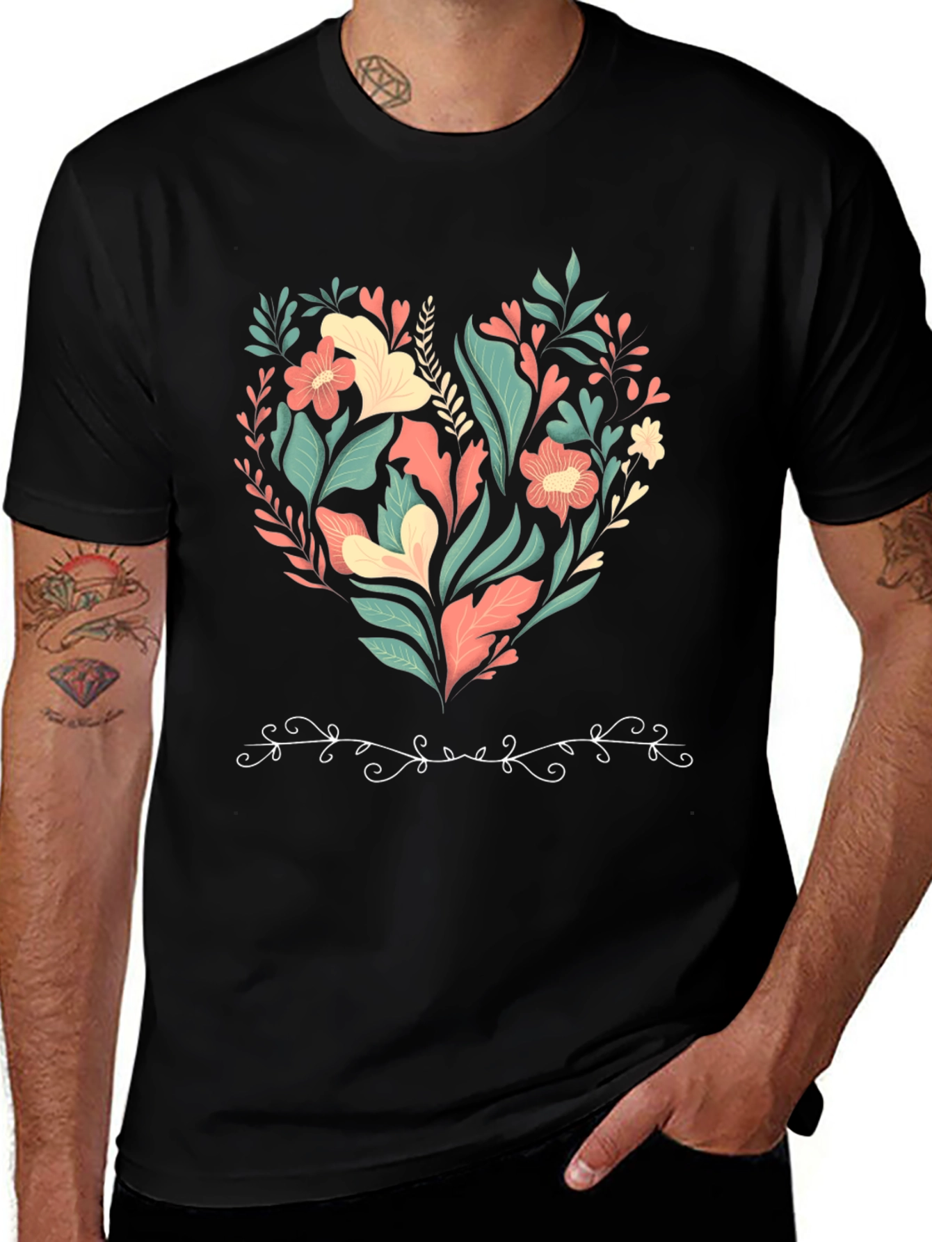 Variant 10 of Floral Heart Graphic Print Black T-Shirt