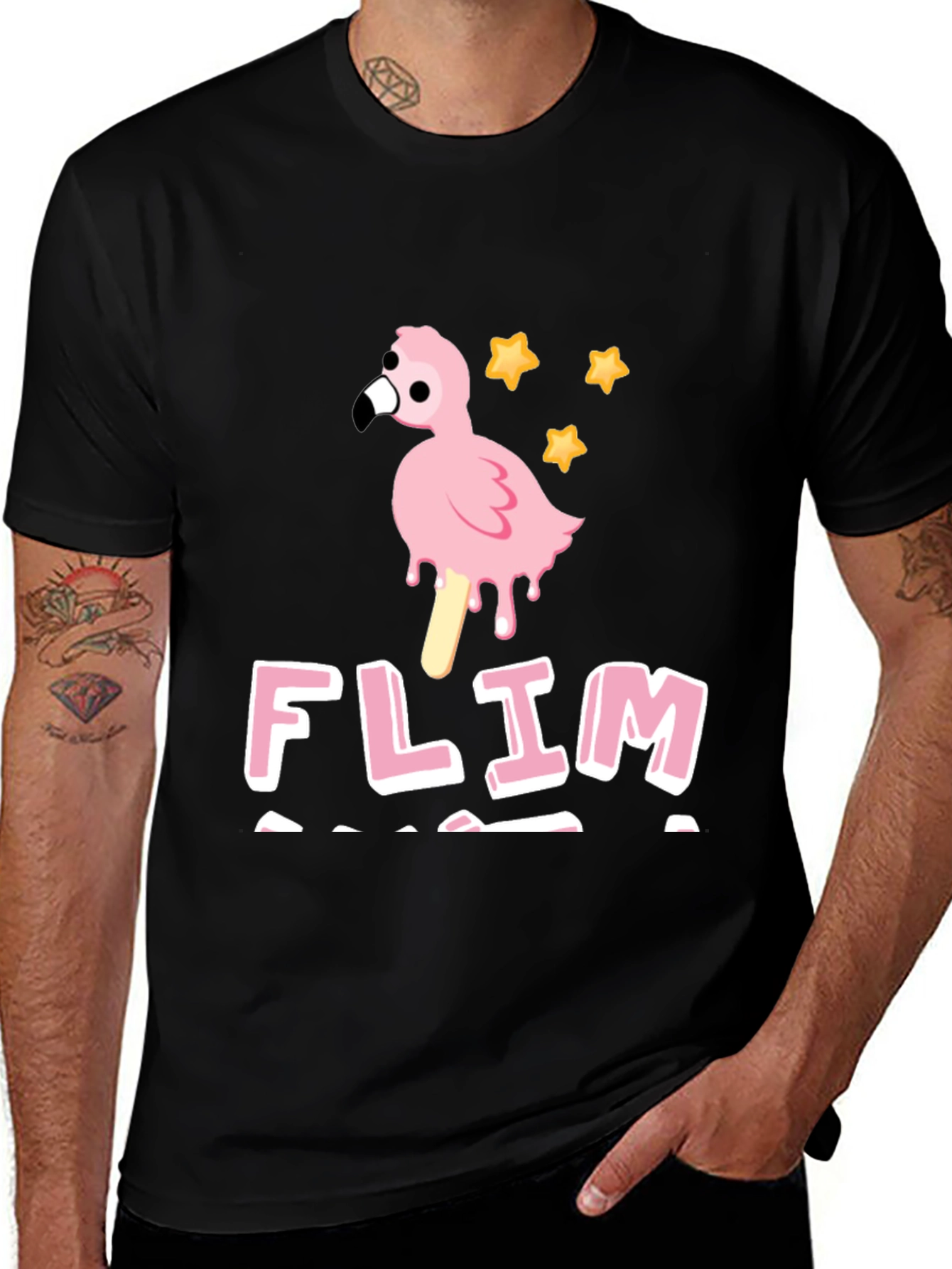 Funny Flamingo Ice Cream Men's Black T-Shirt