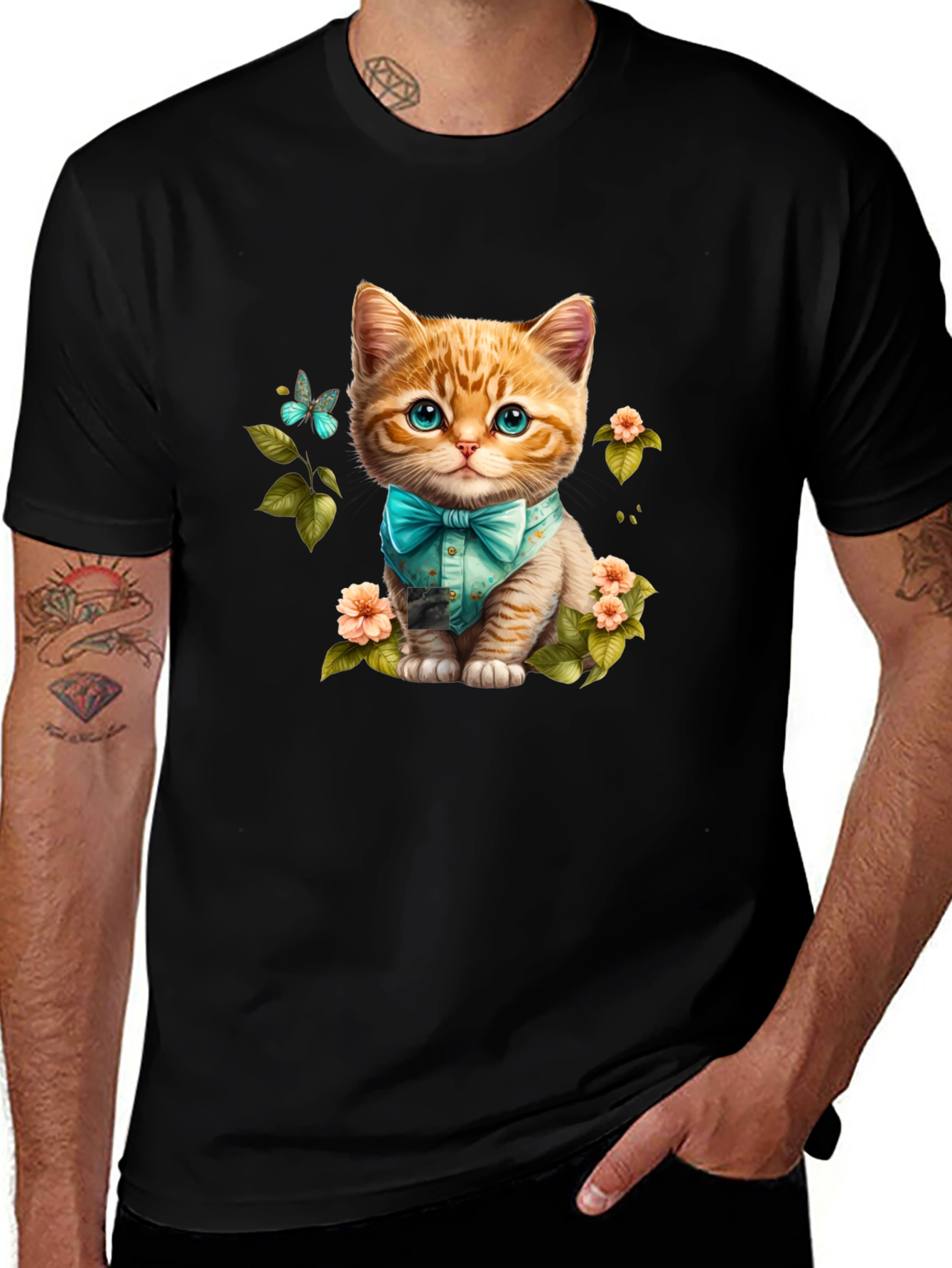 Variant 19 of Cat with Bow Tie Graphic Tee - Black