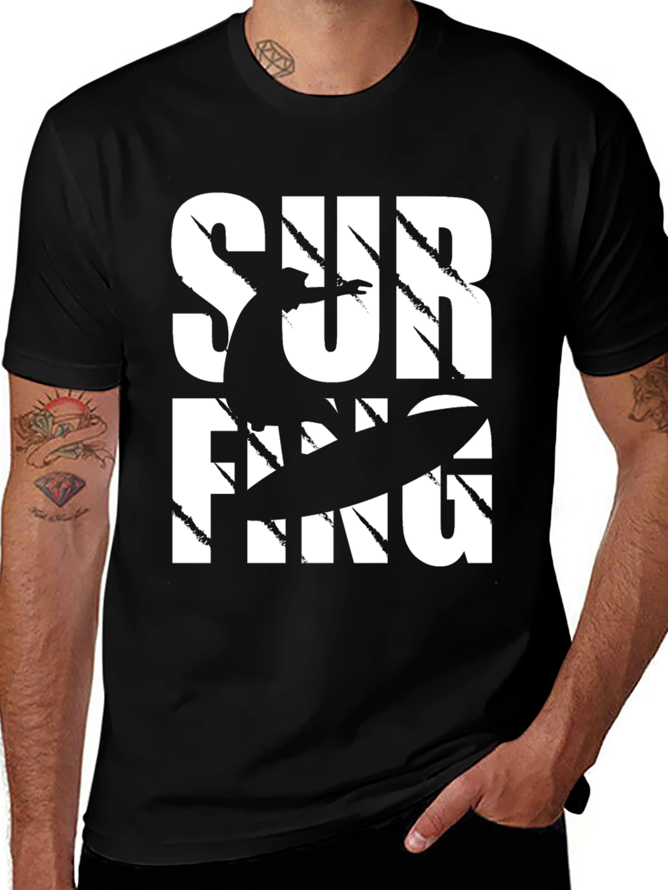 Variant 30 of Surfing T-Shirt - Black Cotton Tee with Surfer Design