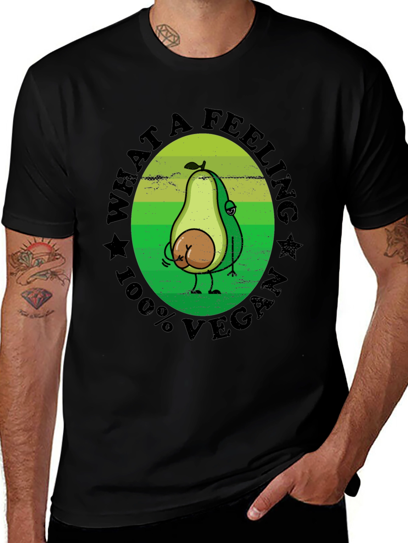 Variant 17 of Funny Vegan Avocado T-Shirt - What a Feeling! 100% Vegan Tee