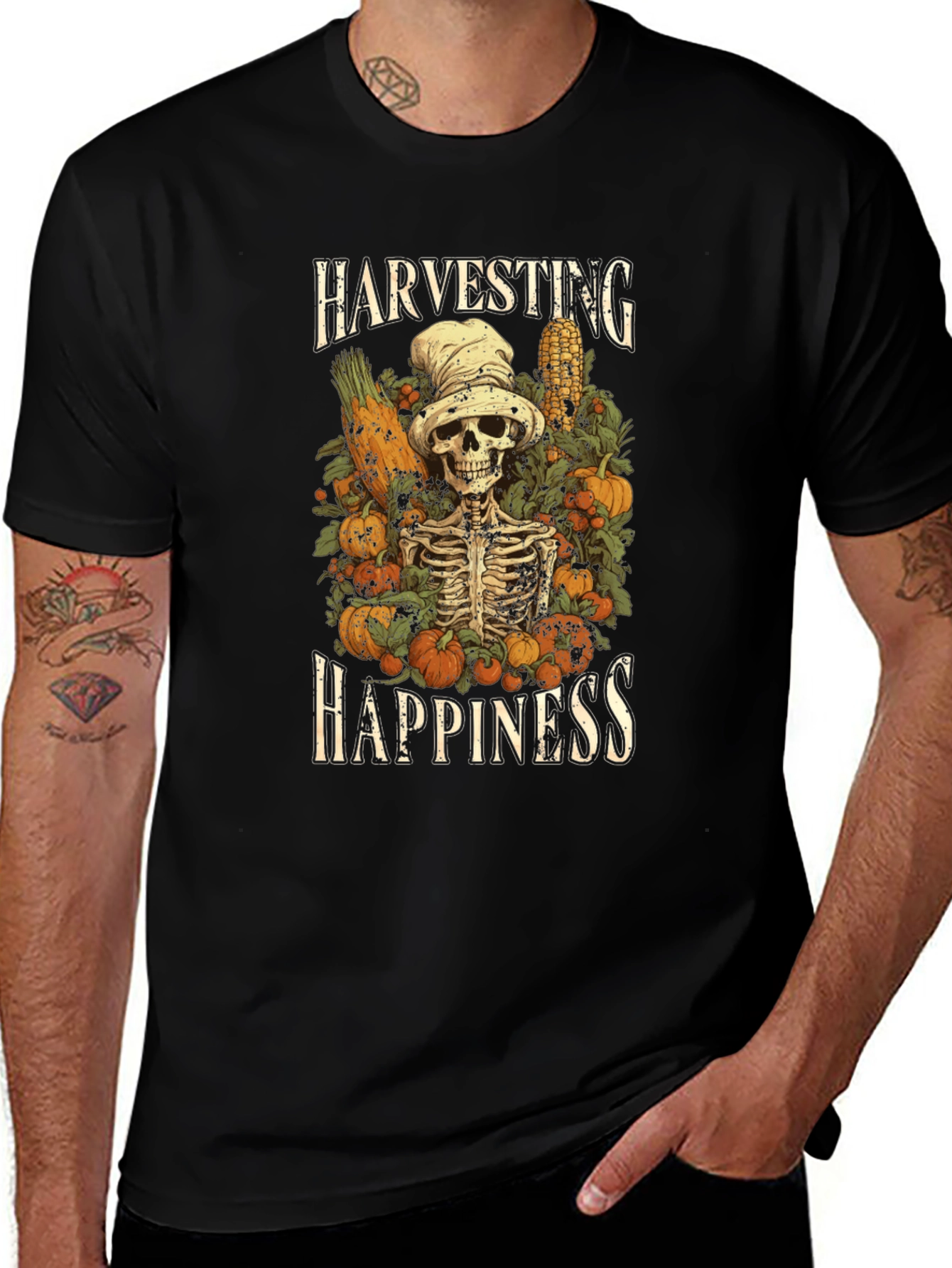 Harvest Happiness Skeleton Graphic T-Shirt