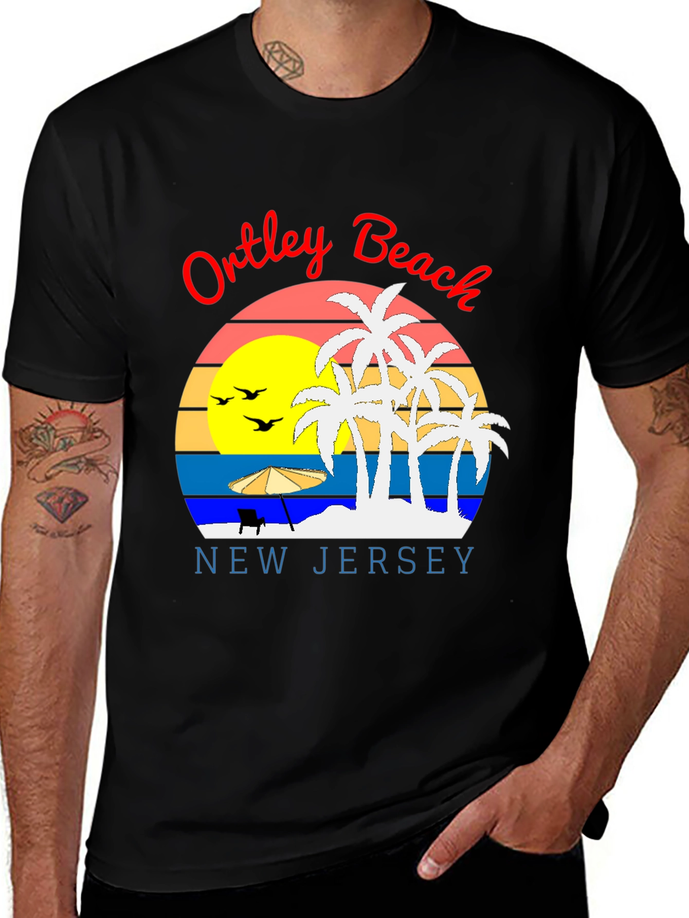 Ortley Beach New Jersey T-Shirt Palm Tree Sunset Design