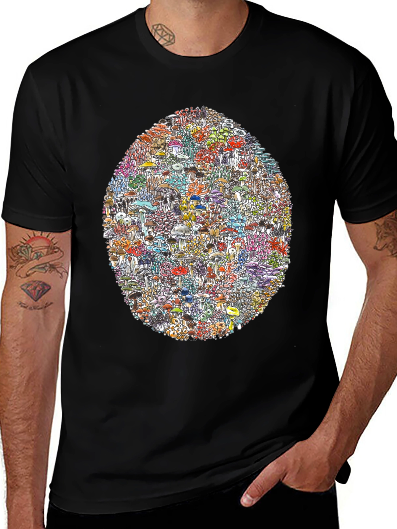 Variant 4 of Funky Mushroom Pattern Black T-Shirt