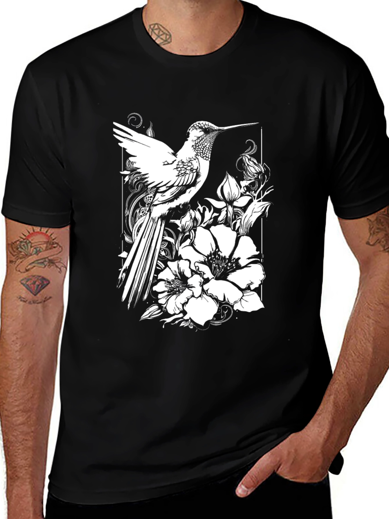 Variant 10 of Hummingbird Floral Graphic Tee - Black