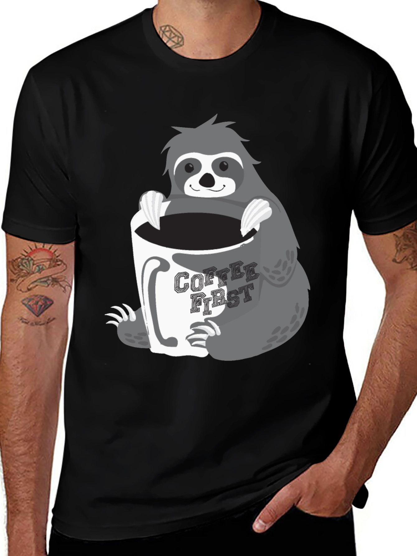 Variant 22 of Coffee First Sloth Graphic Tee - Black