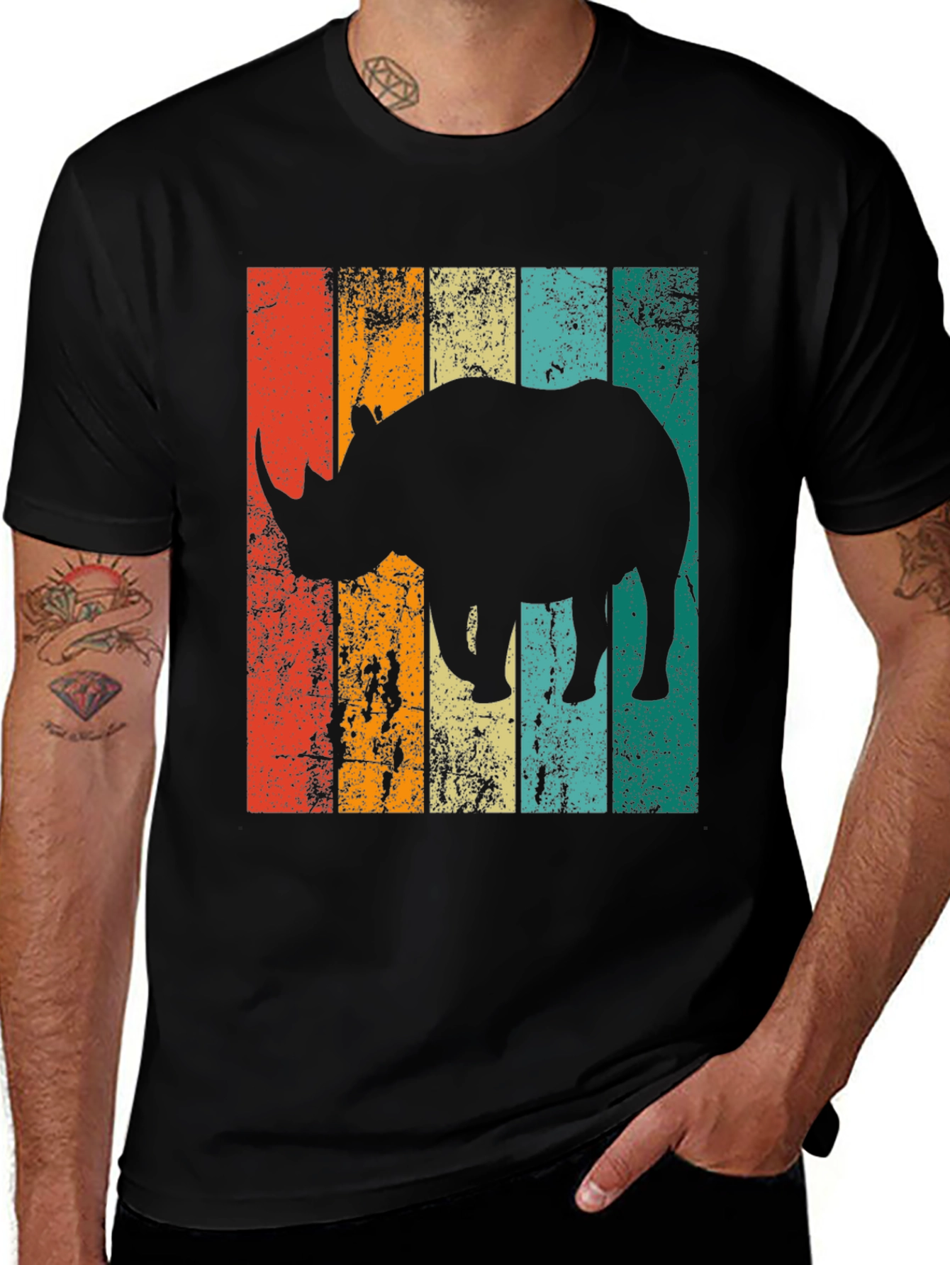 Black Retro Rhino Graphic T-Shirt - Vintage Style Men's Tee main image
