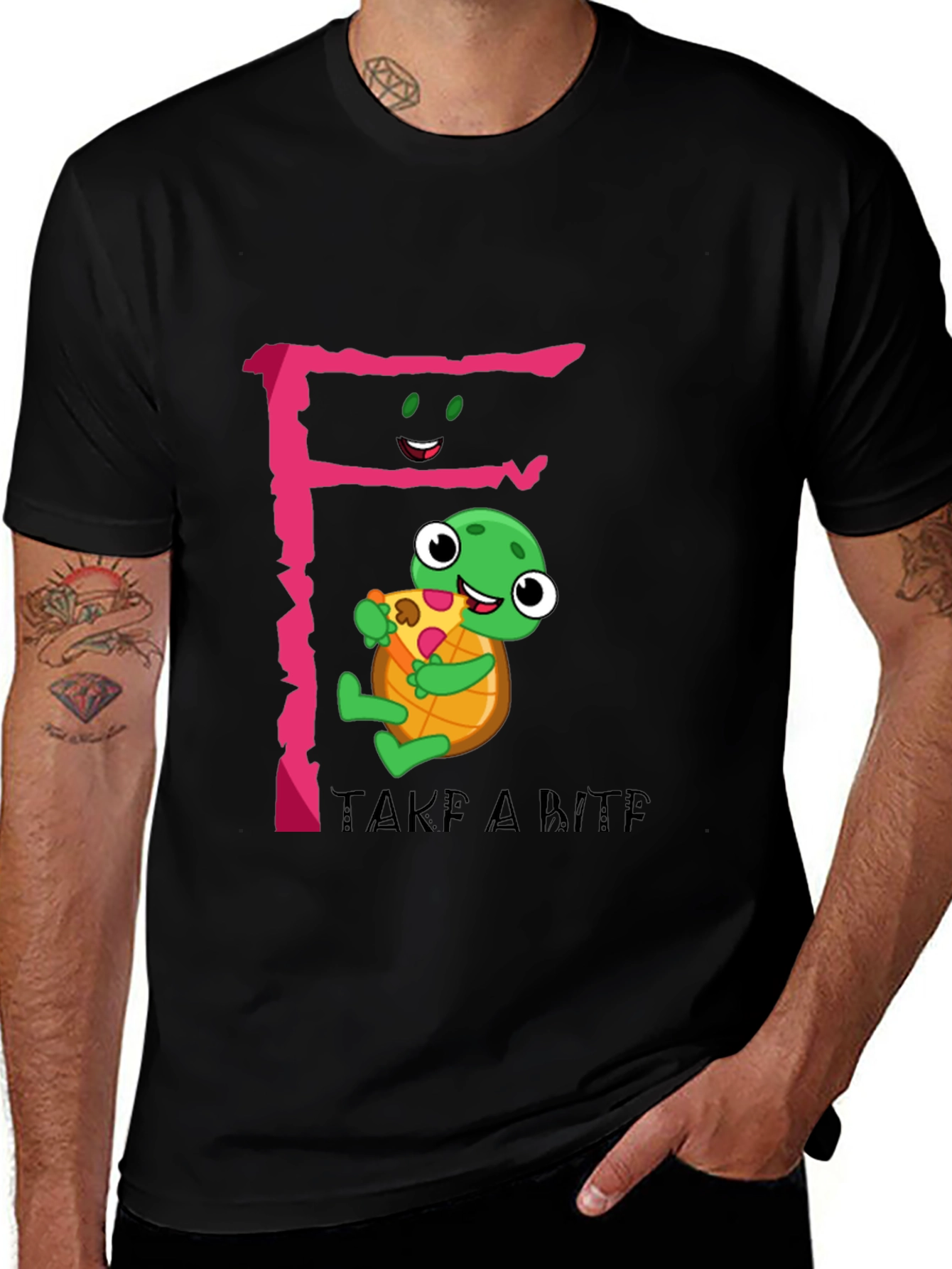 Variant 8 of Cute Turtle Pizza Bite Black T-Shirt