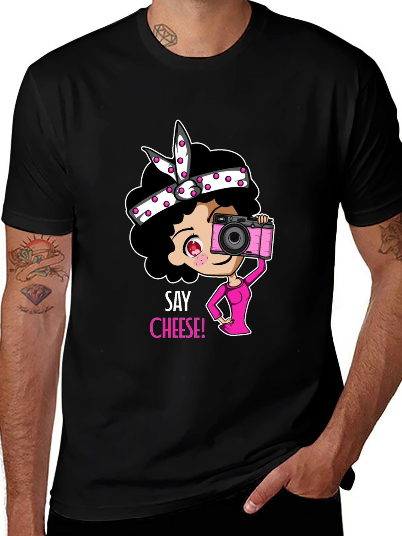 Say Cheese! Pink Camera Graphic T-Shirt