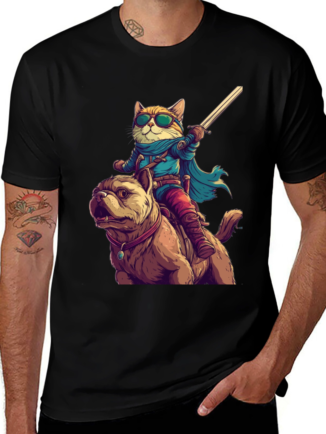 Variant 6 of Cat Riding Dog T-Shirt - Novelty Cartoon Tee