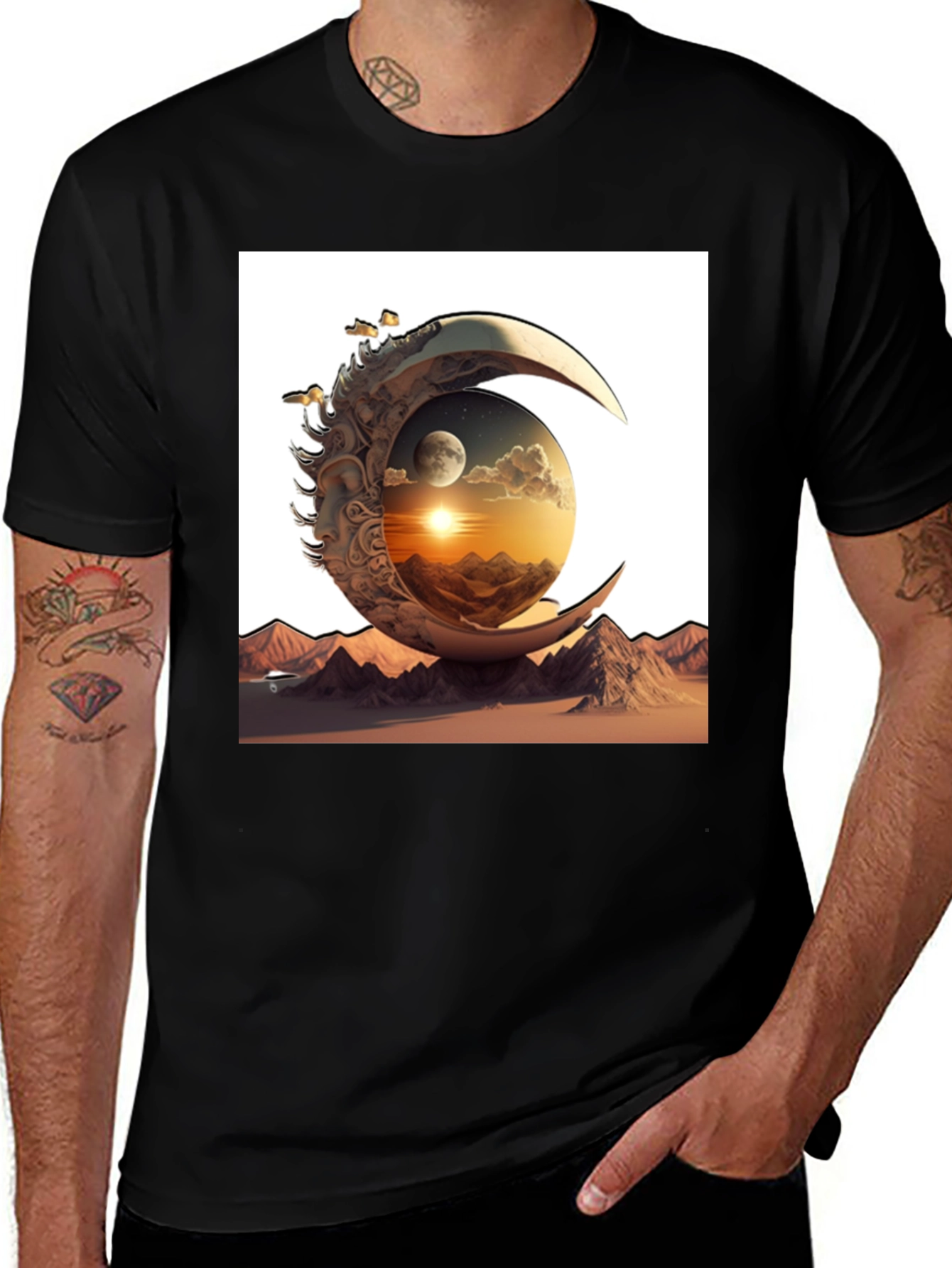 Variant 27 of Celestial Moon & Mountain Graphic Tee - Black