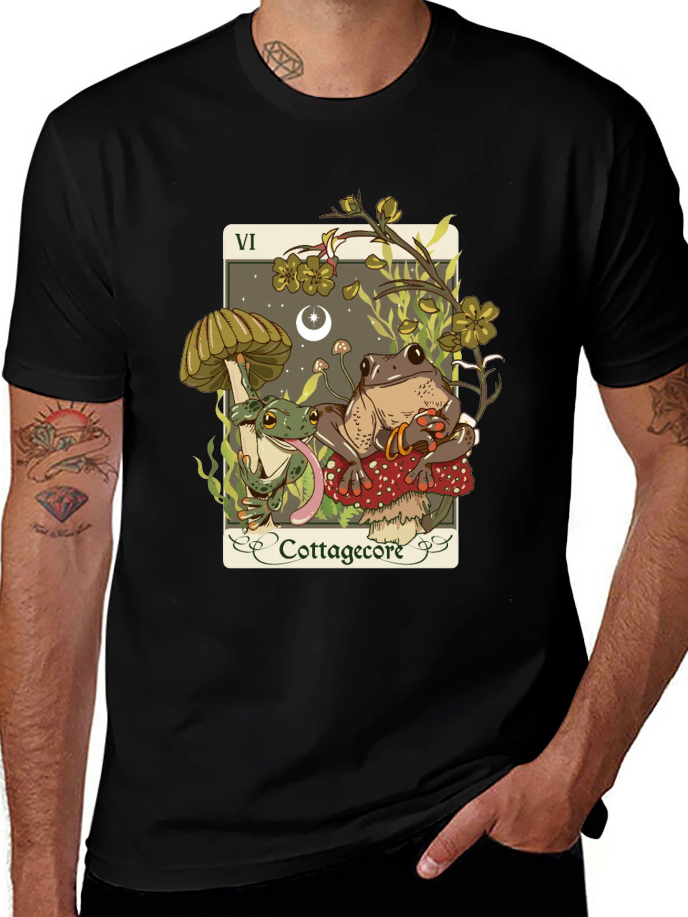 Cottagecore Frog Tarot Card Black T-Shirt