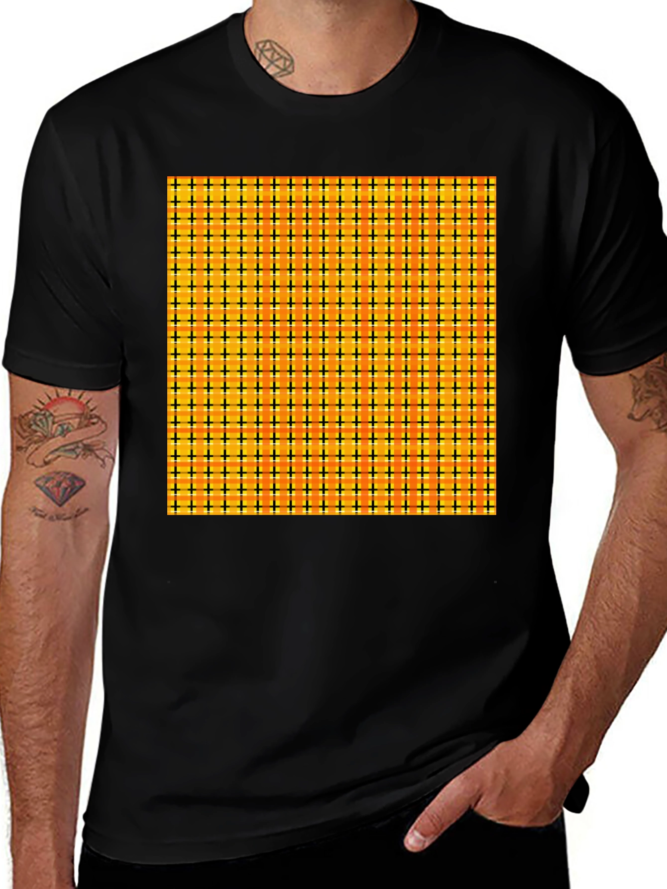 Variant 11 of Men's Black Tee with Colorful Grid Pattern