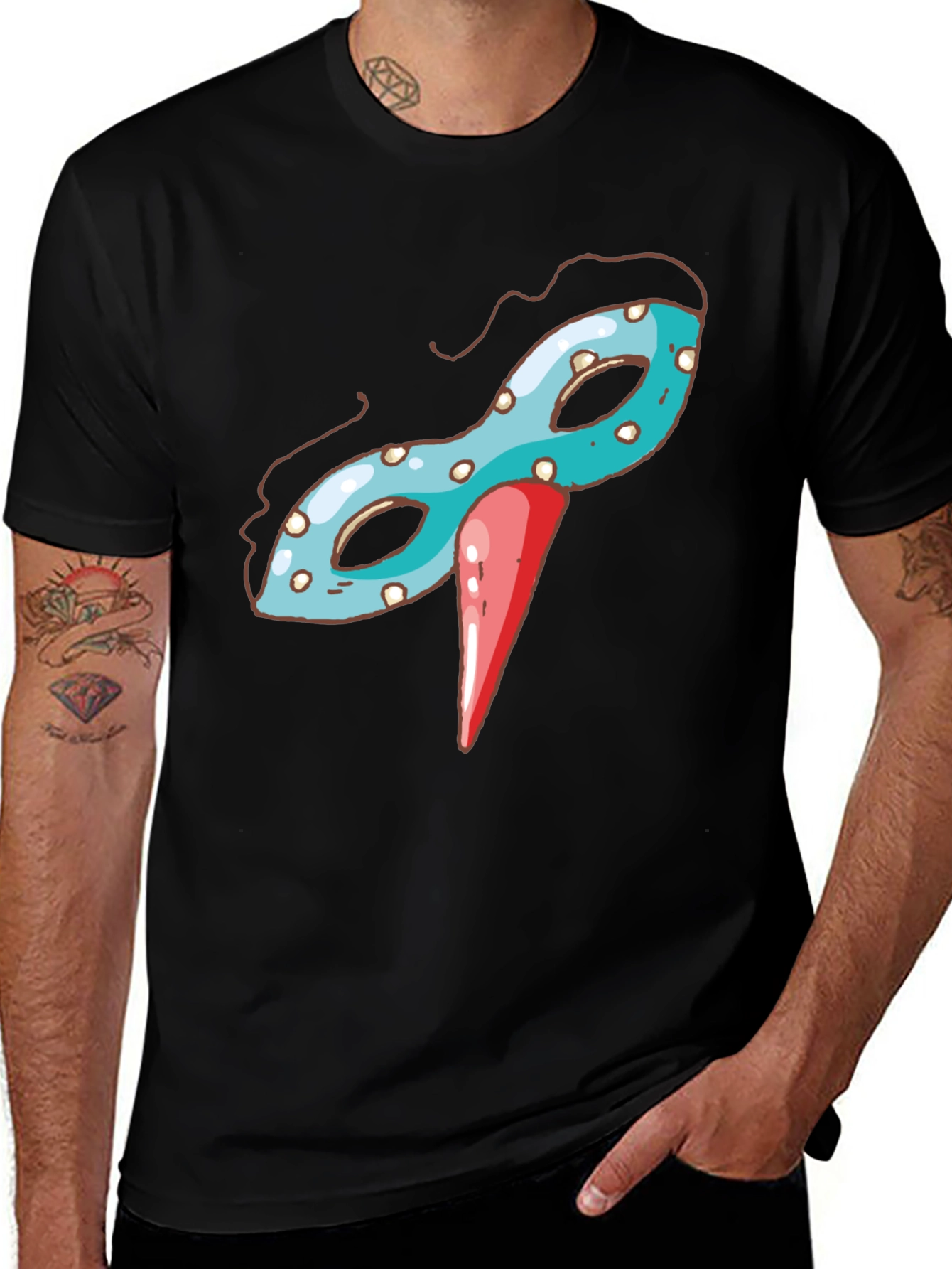 Variant 7 of Carnival Mask Graphic Tee - Black Crew Neck T-Shirt