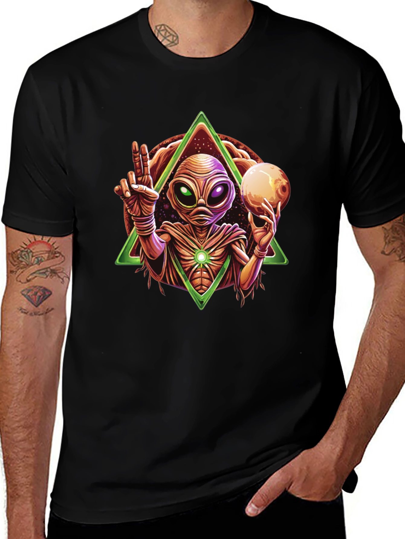 Variant 11 of Alien Peace Sign Graphic Tee - Mens