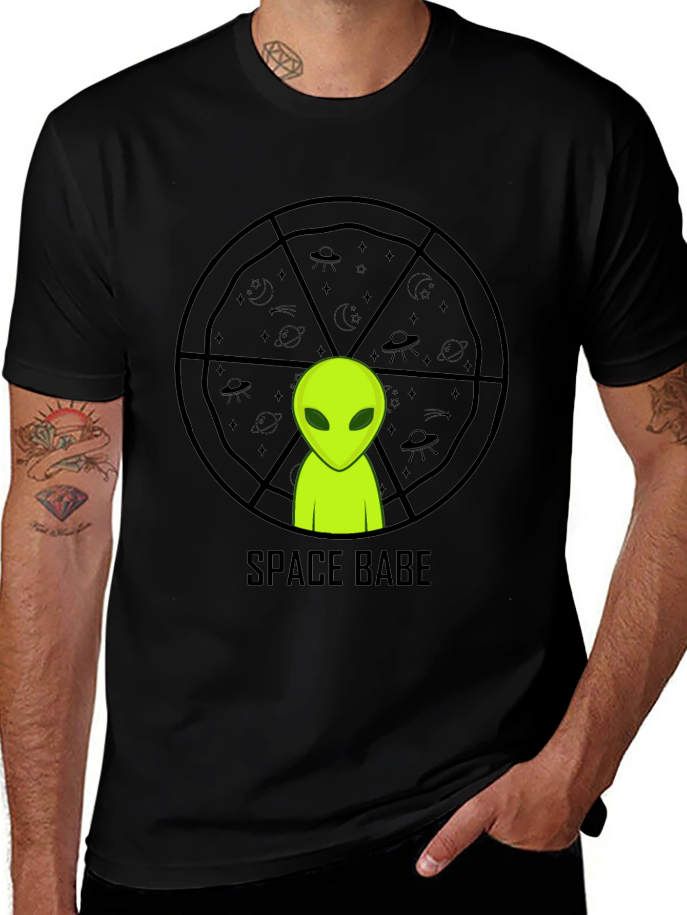 Variant 6 of Space Babe Alien Graphic Tee - Black Crew Neck T-Shirt