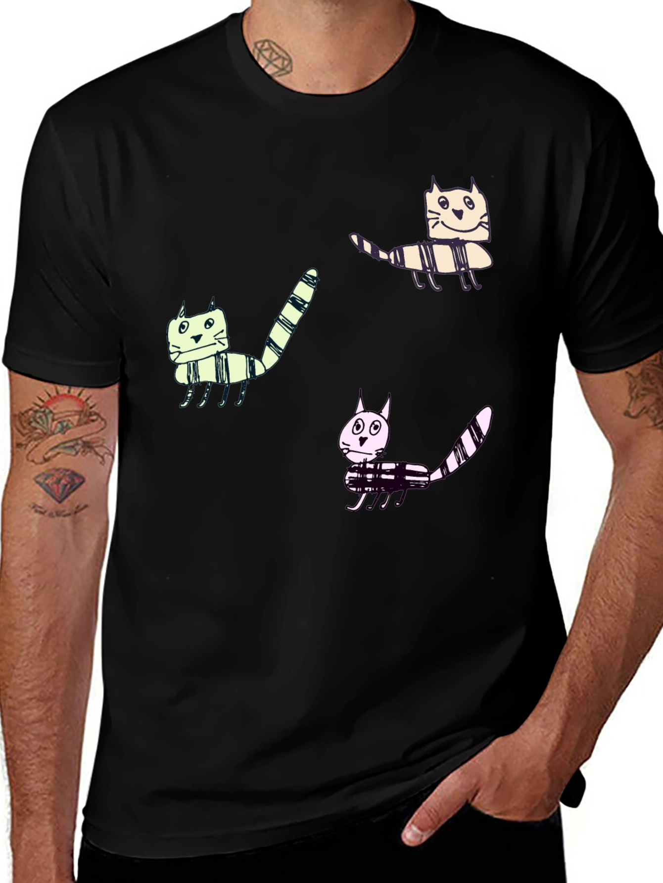 Variant 24 of Whimsical Cat Print Black T-Shirt