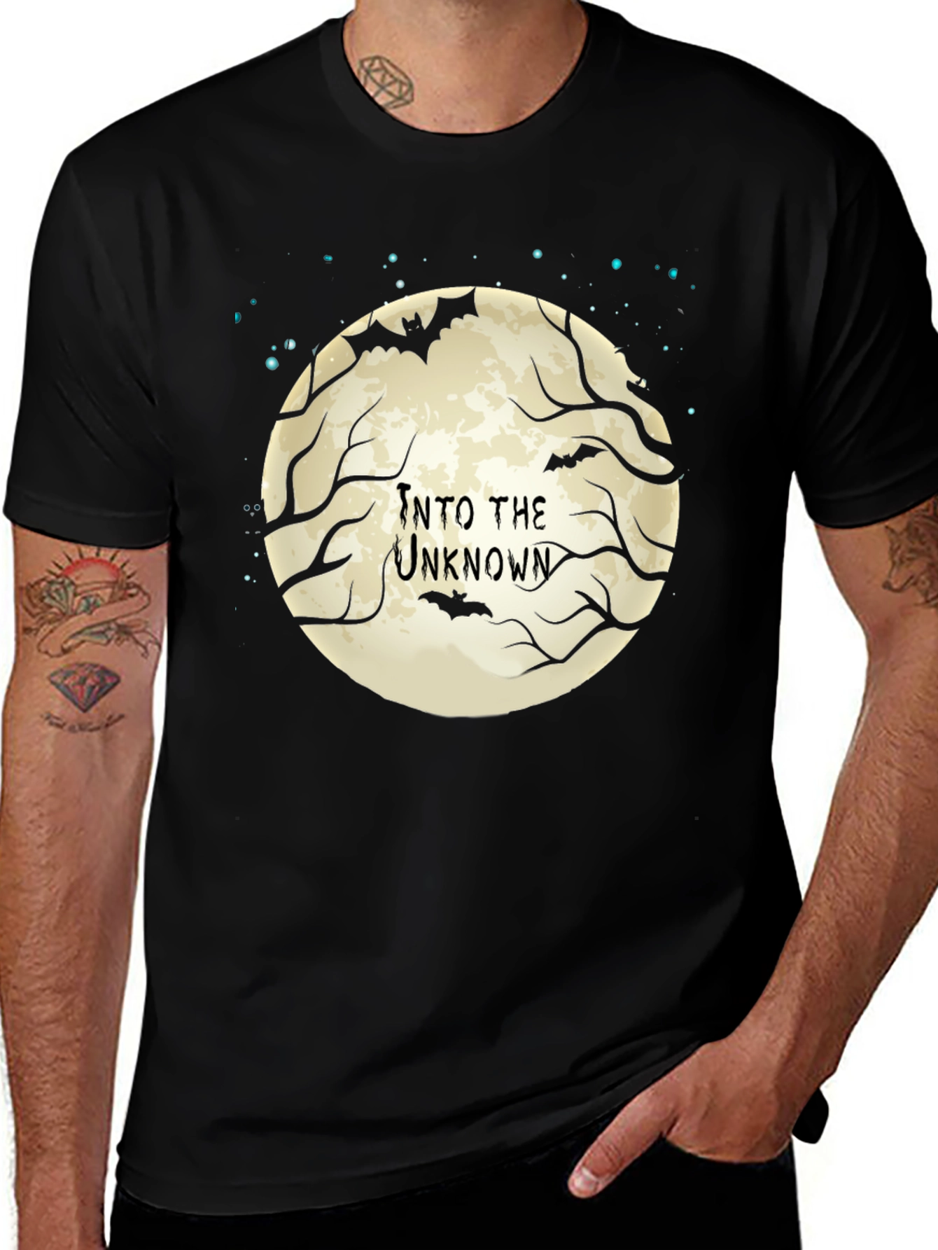 Into the Unknown Halloween Graphic Tee - Bat & Moon Design