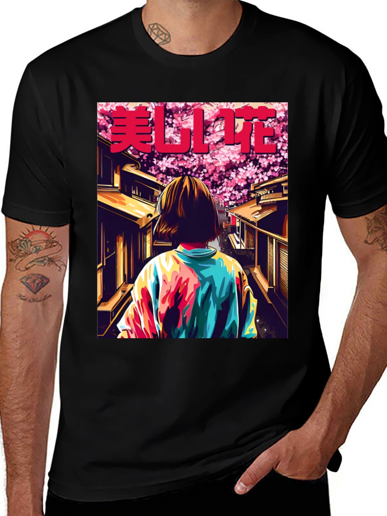 Variant 14 of Anime Girl Cherry Blossom Black T-Shirt