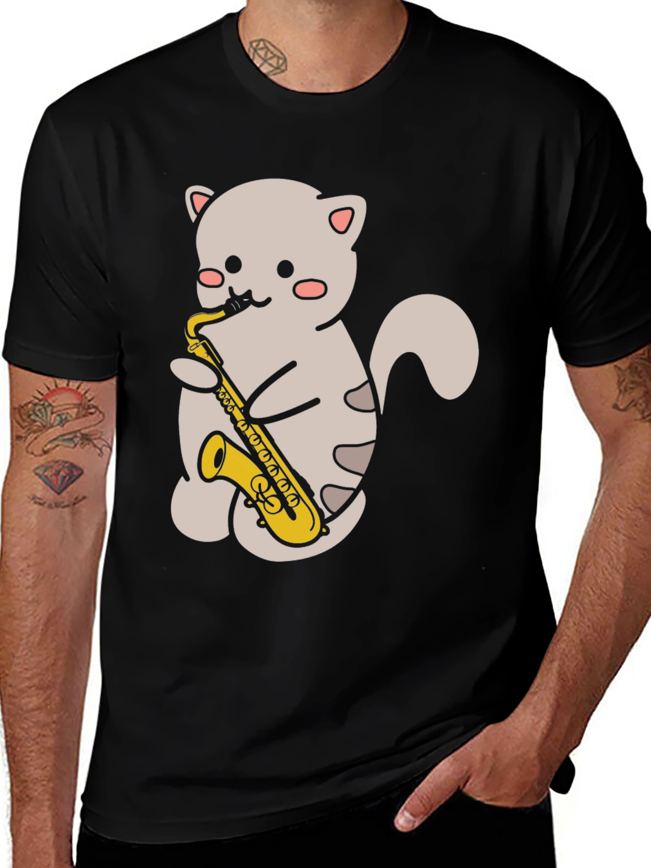 Variant 19 of Cat Saxophone Black T-Shirt