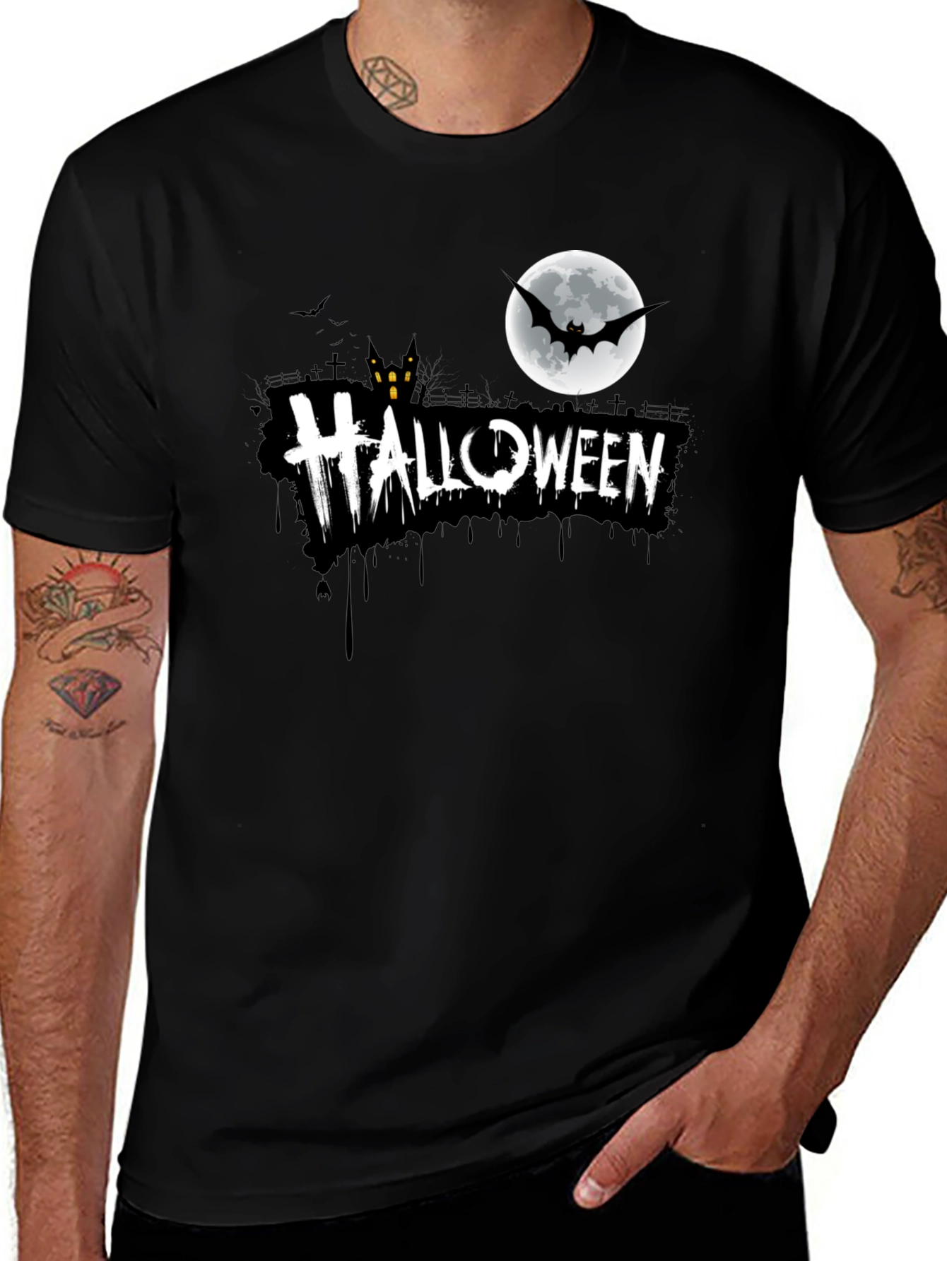 Halloween Graphic Tee: Spooky Bat Moon Design