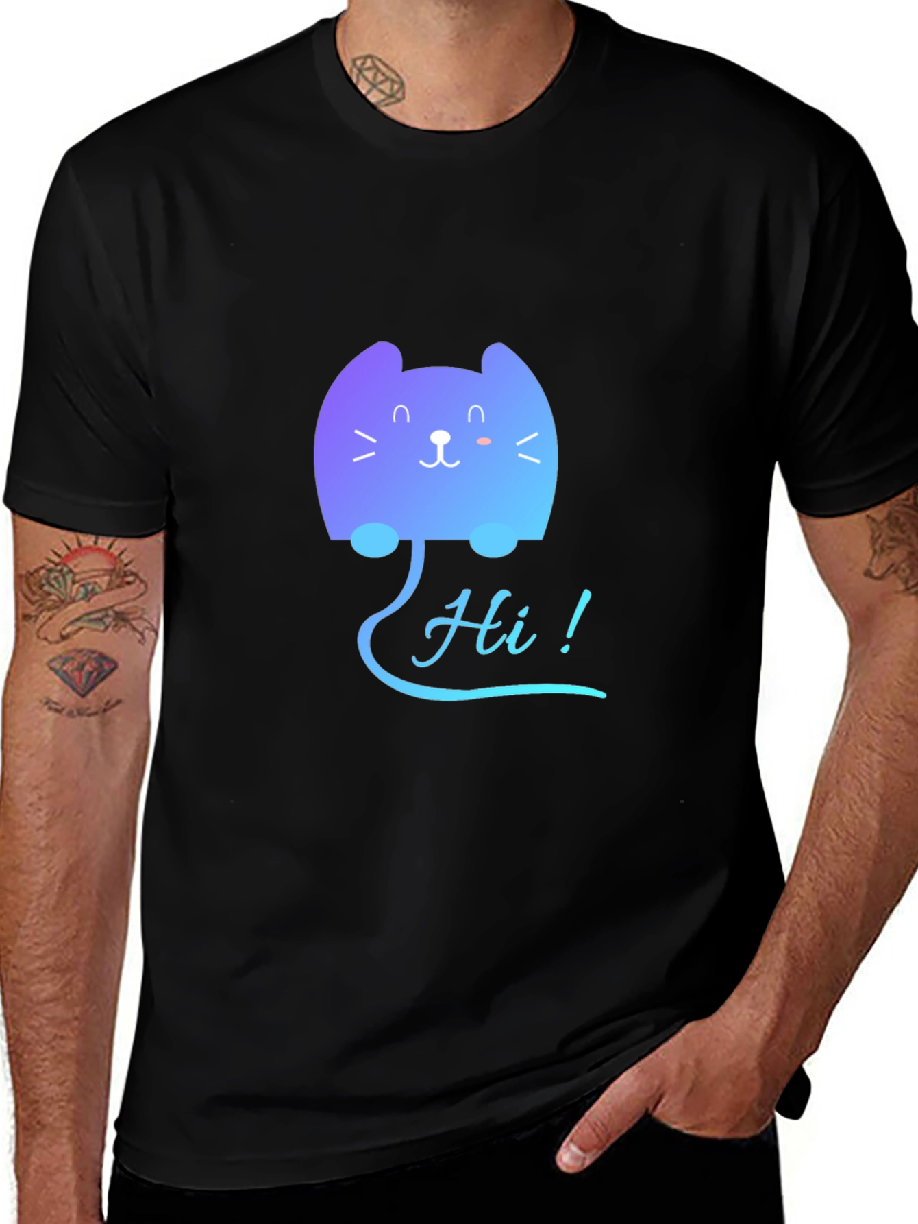 Variant 27 of Cute Gradient Cat 'Hi' Graphic Black T-Shirt