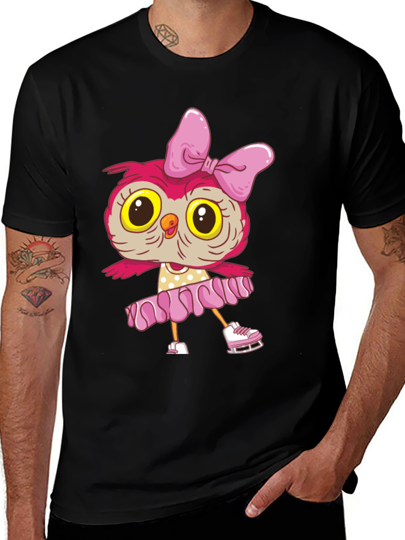 Variant 2 of Cute Owl Ice Skater Graphic Tee - Black Cotton T-Shirt
