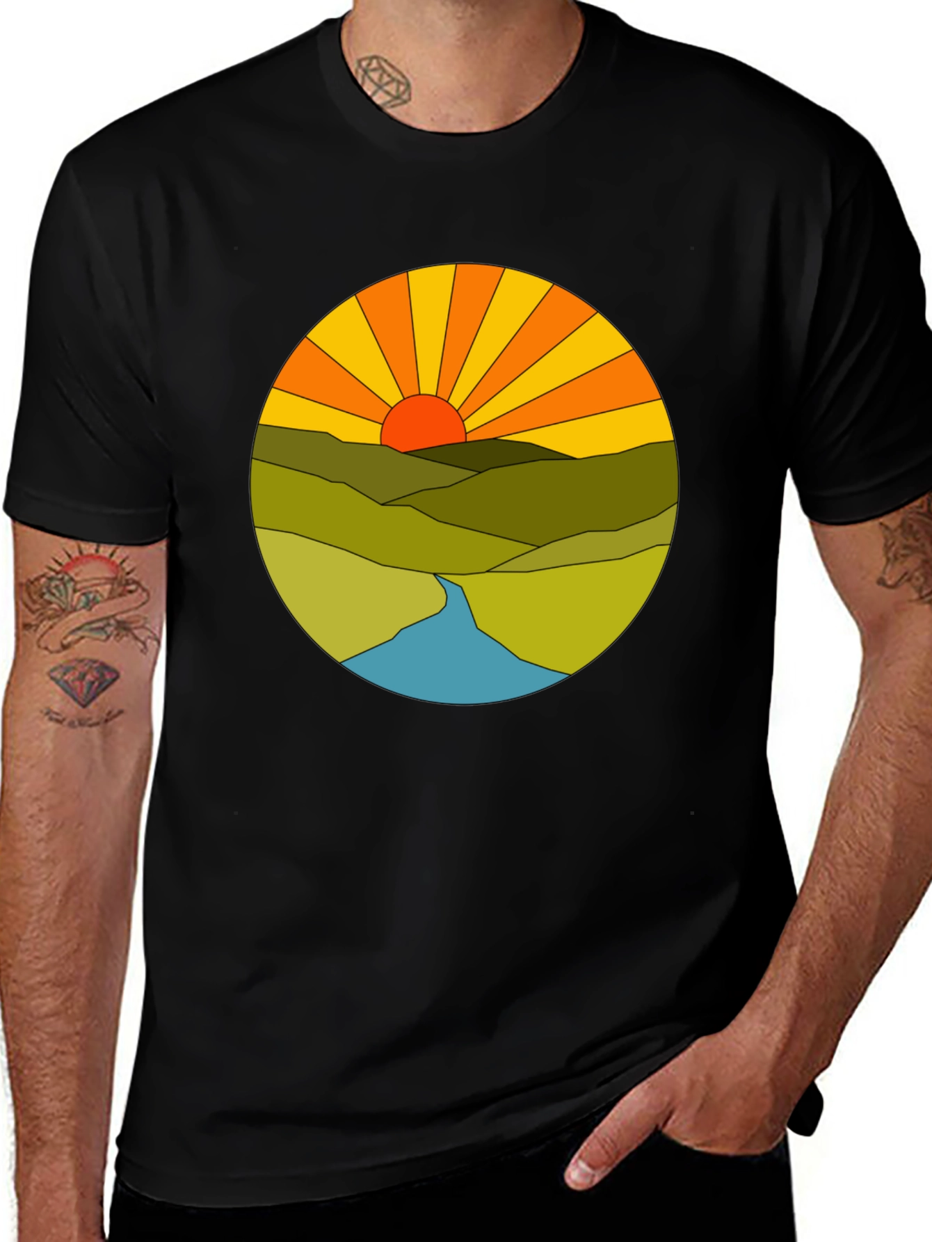 Variant 13 of Retro Sunrise Landscape T-Shirt - Black