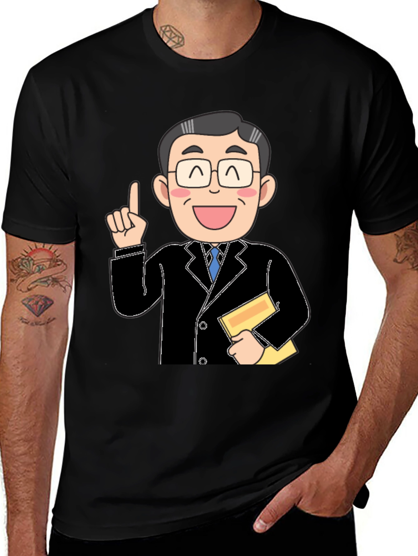 Variant 4 of Cartoon Man in Suit Graphic Black T-Shirt