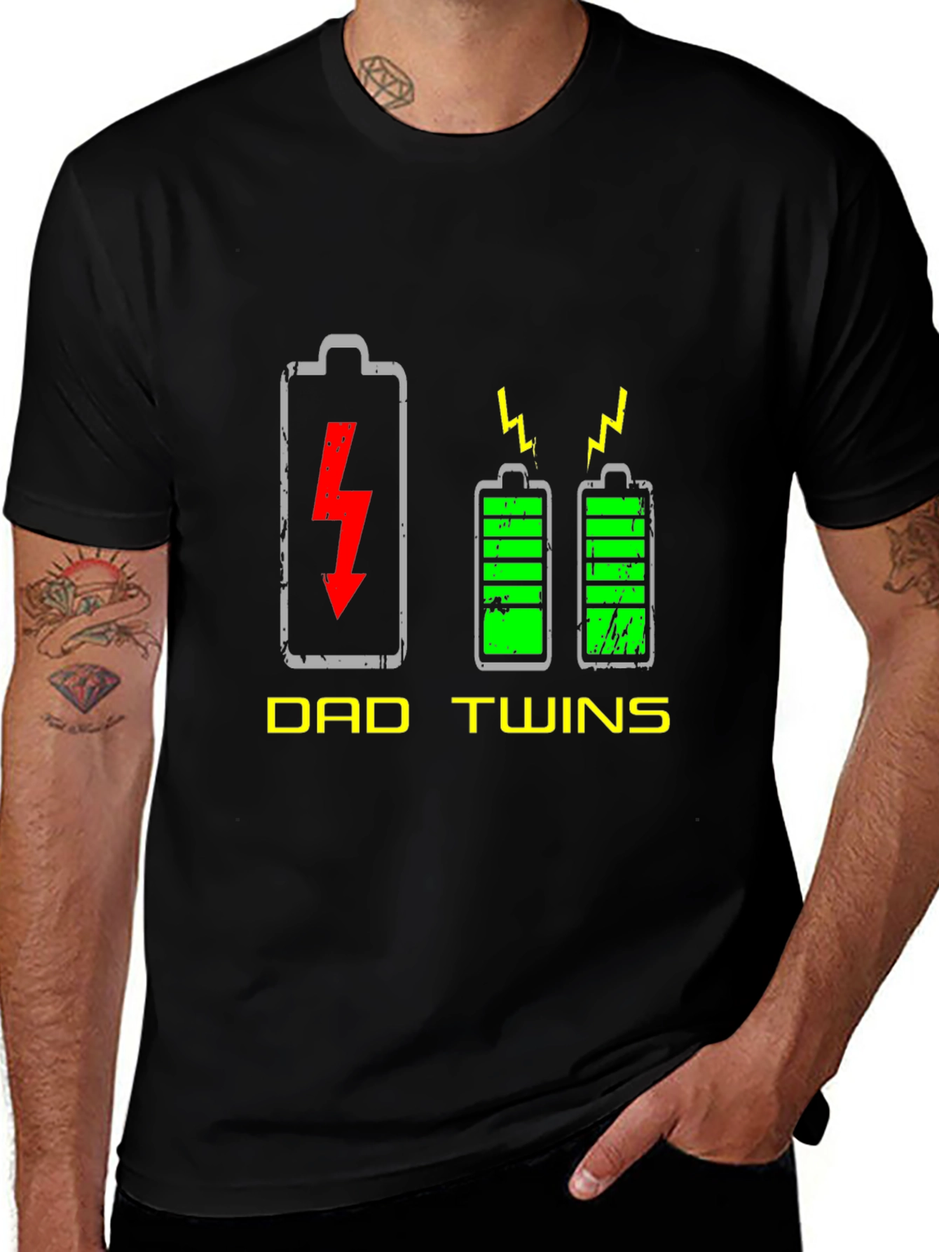 Variant 28 of Dad Twins Graphic Tee - Low Battery Dad, Charged Twins