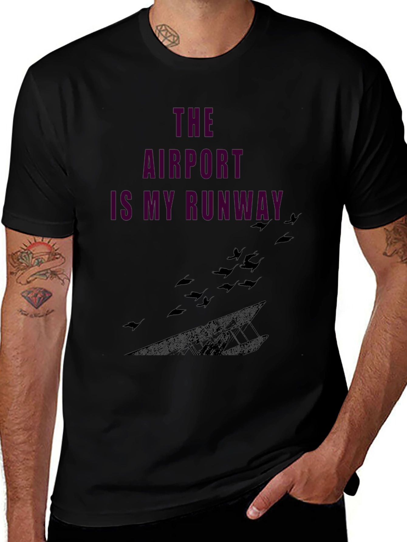 Variant 10 of Airport Runway Graphic Tee - Black Casual T-Shirt
