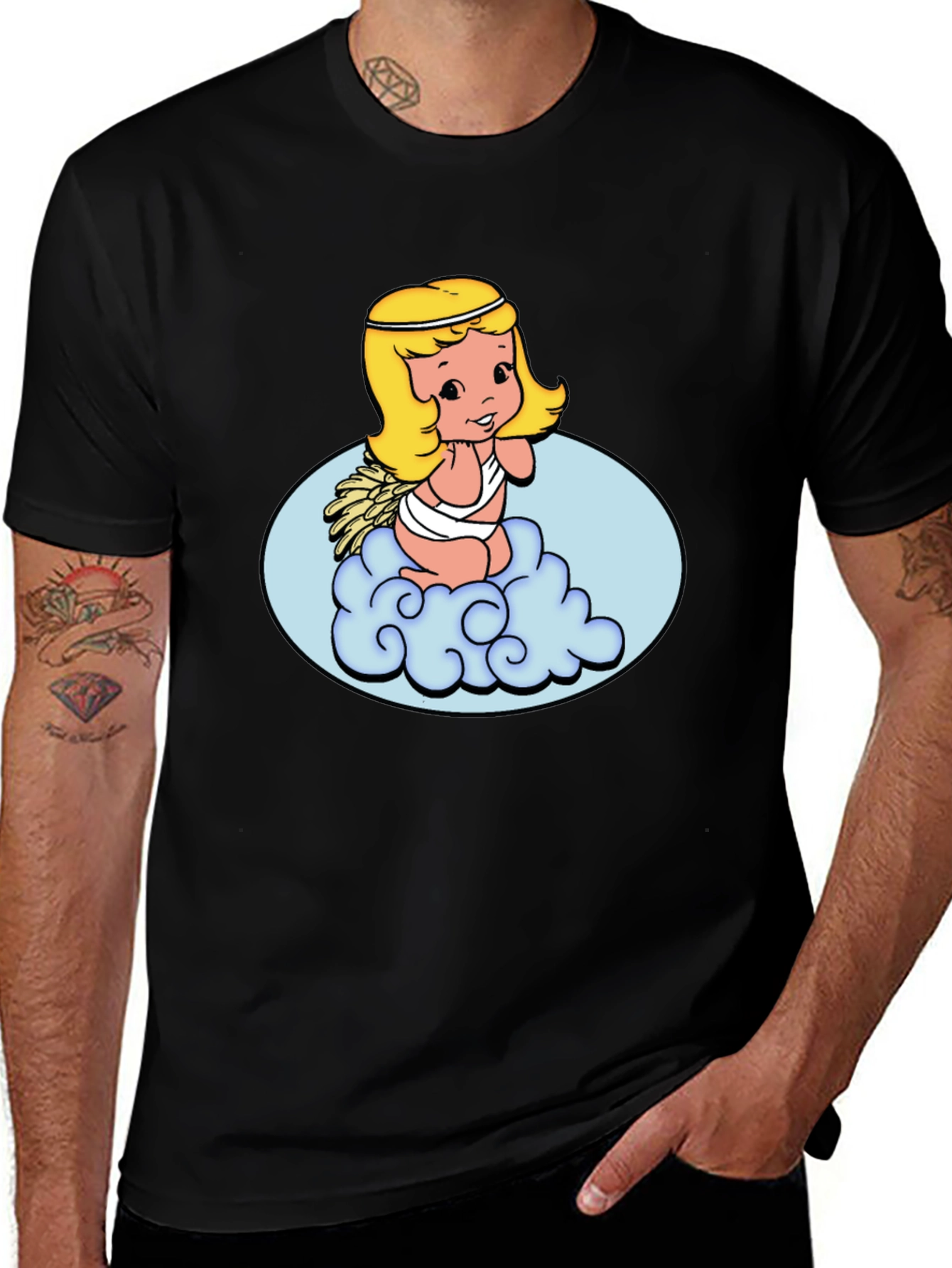 Variant 17 of Cute Angel on Cloud Graphic Black T-Shirt
