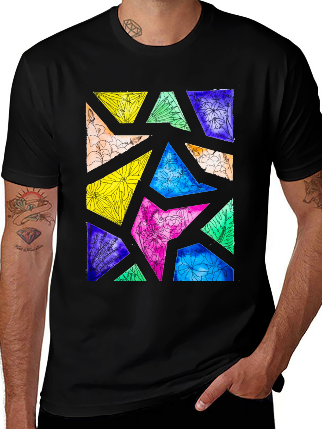 Variant 13 of Floral Geometric Print Black T-Shirt