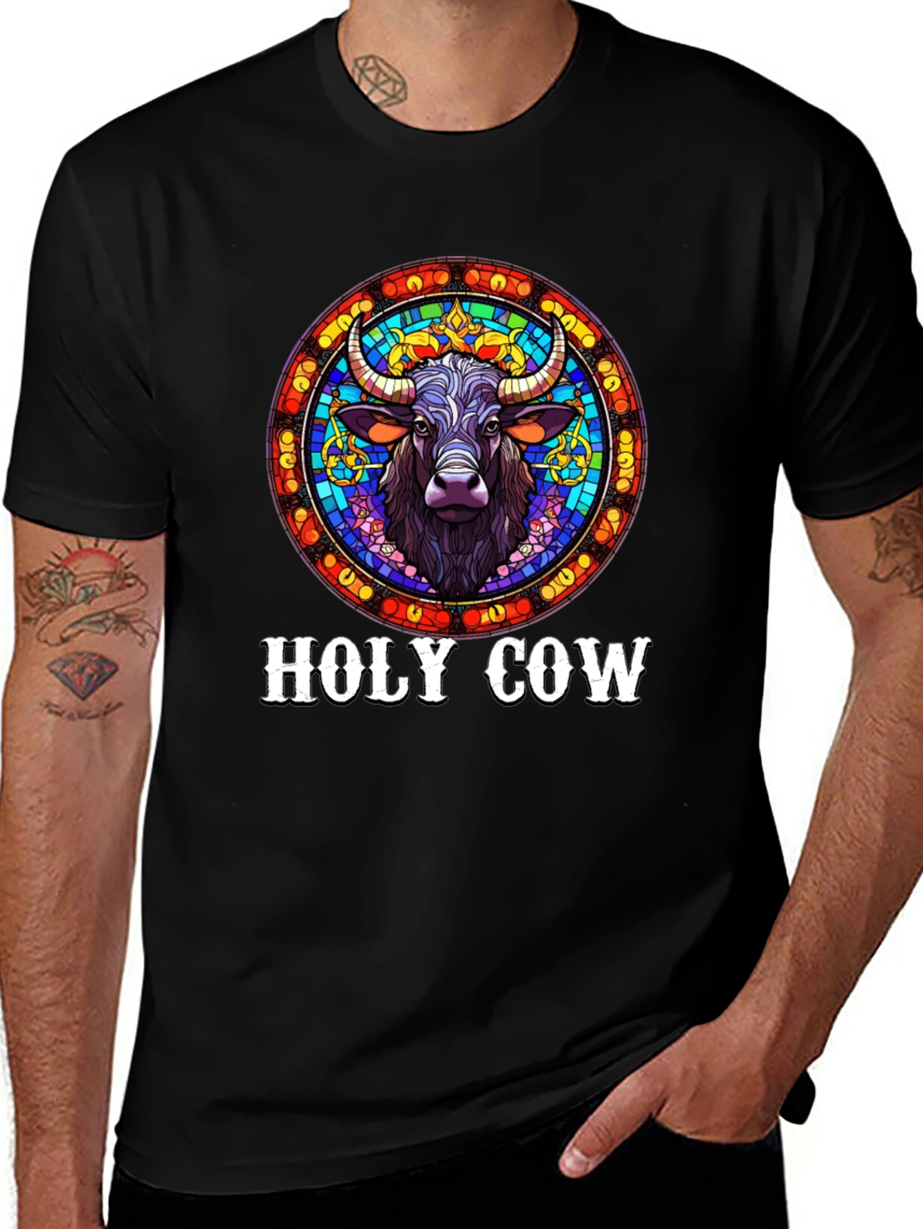 Variant 9 of Holy Cow Graphic Tee - Stained Glass Bull Design