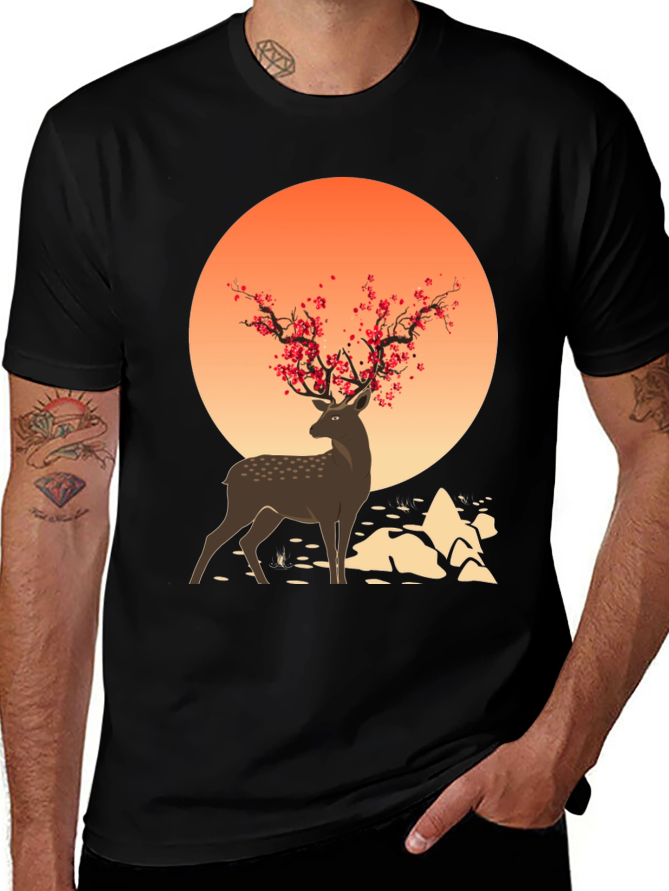 Variant 25 of Deer Sunset Graphic Tee - Nature Inspired Black T-Shirt