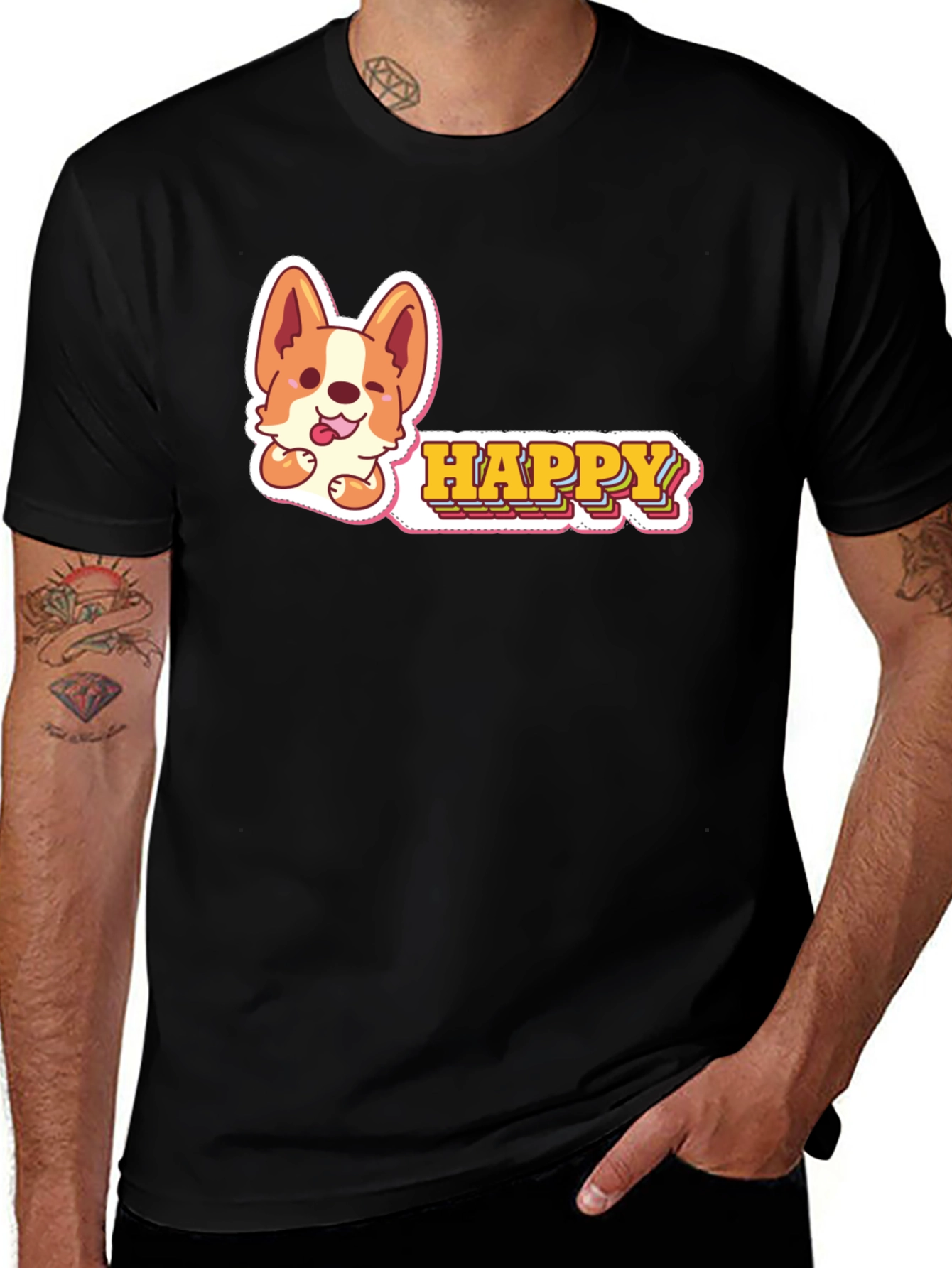 Cute Corgi Happy Graphic Black T-Shirt