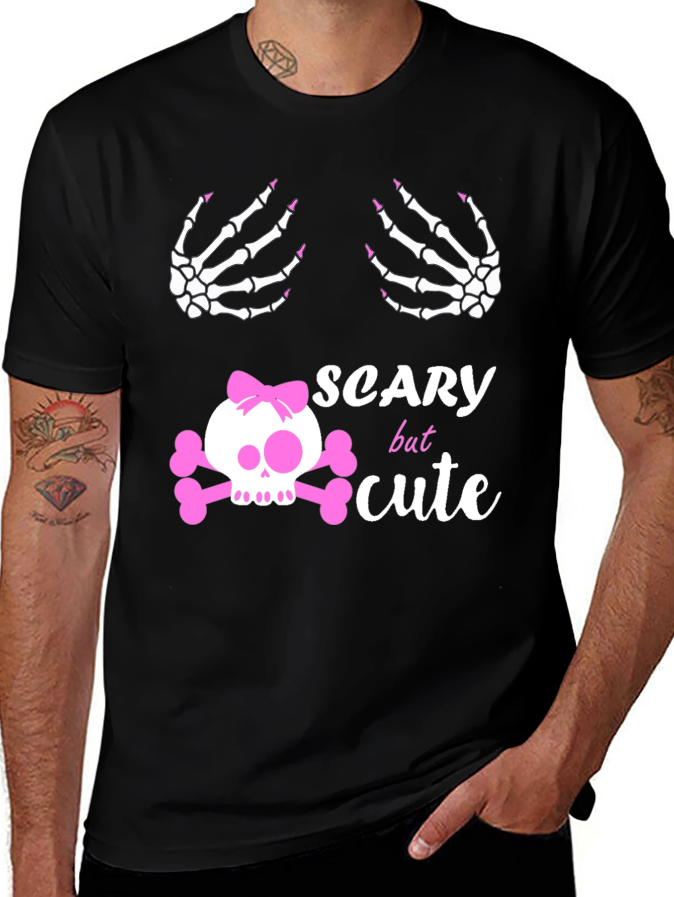 Variant 5 of Scary But Cute Skeleton Hands Skull Pink Bow Halloween T-Shirt
