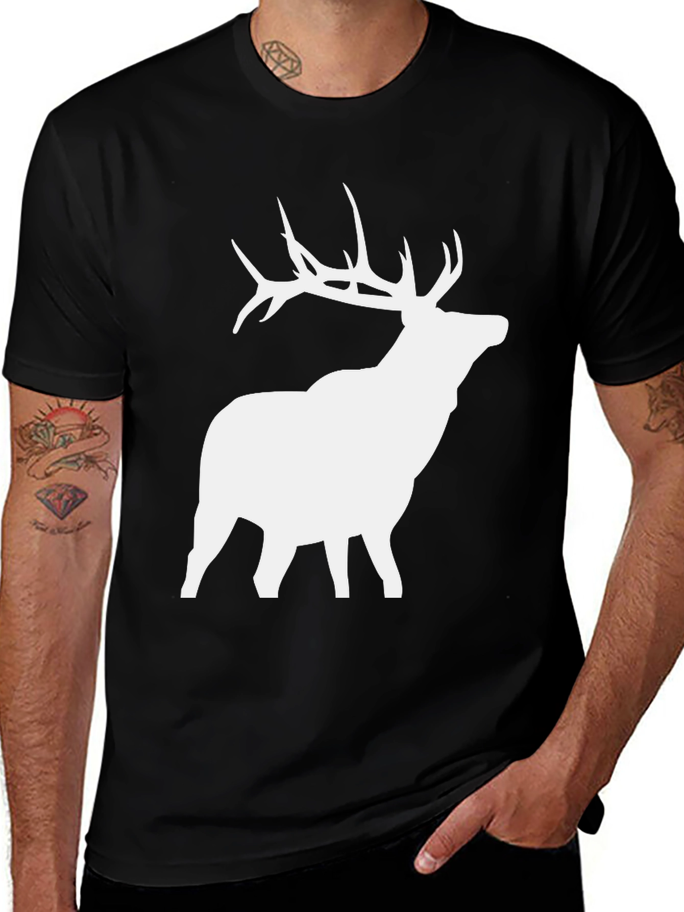 Variant 23 of Elk Silhouette Graphic Tee - Black Cotton Blend Shirt