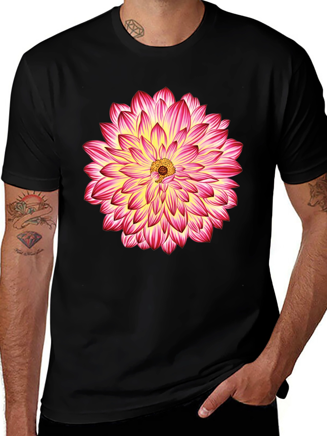 Variant 29 of Black T-Shirt with Pink & Yellow Flower Graphic